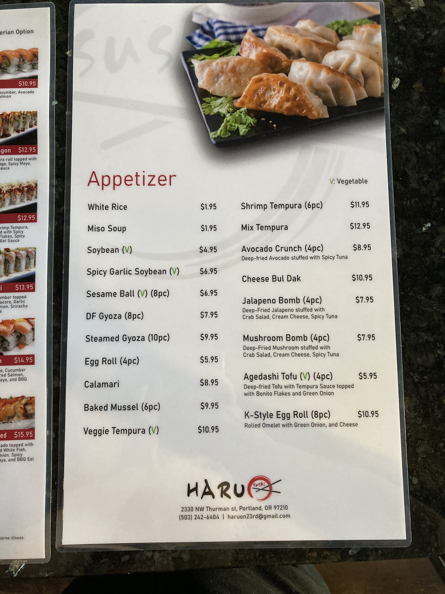 HARU sushi Menu