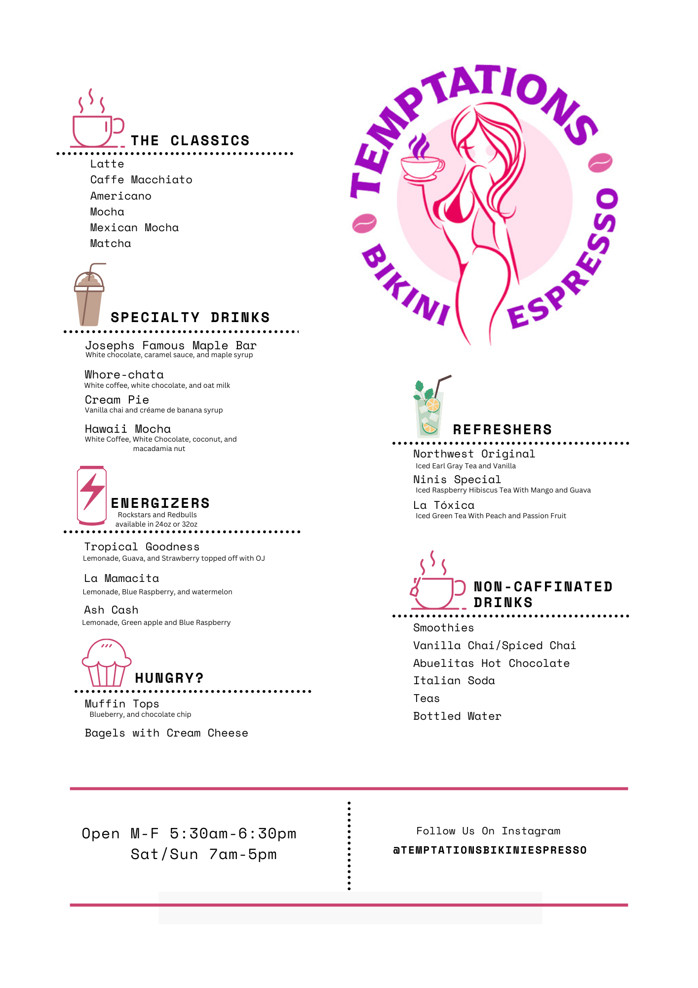 Temptations Bikini Espresso Menu