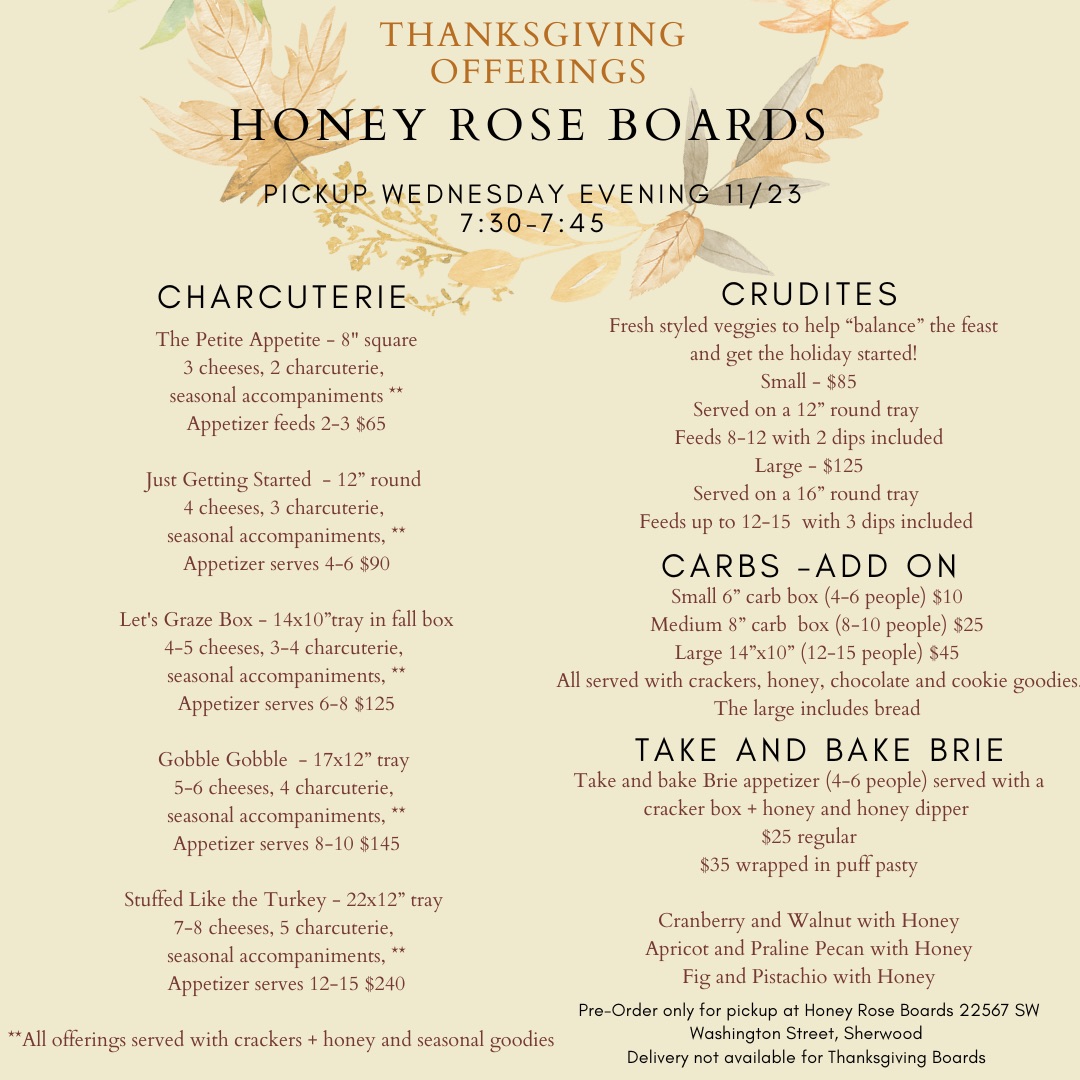 Honey Rose Boards Menu