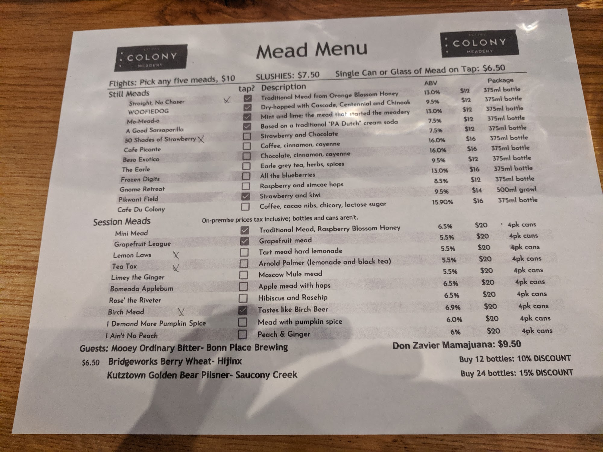 Colony Meadery South Bethlehem Menu