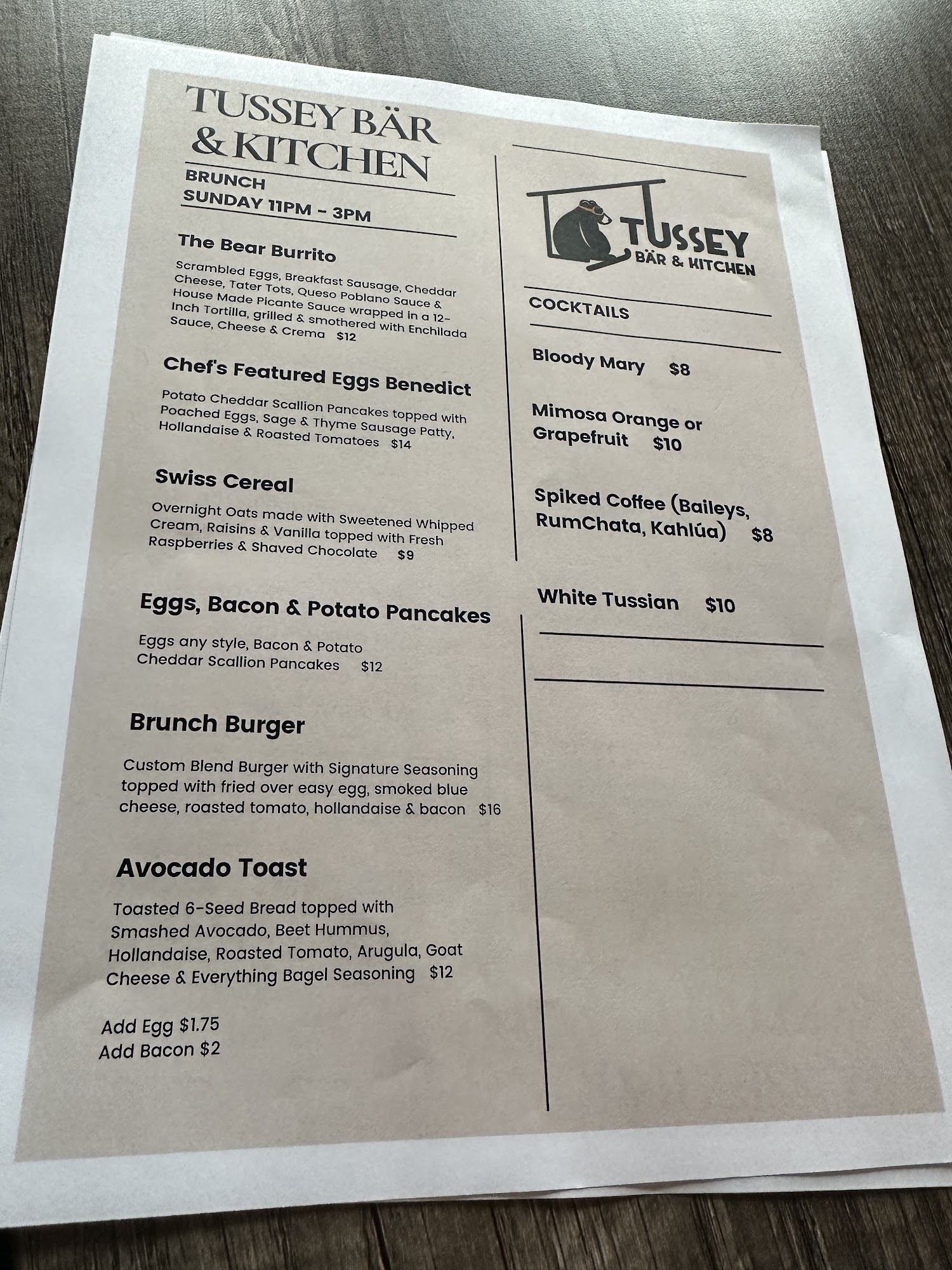 Tussey Bär & Kitchen Menu