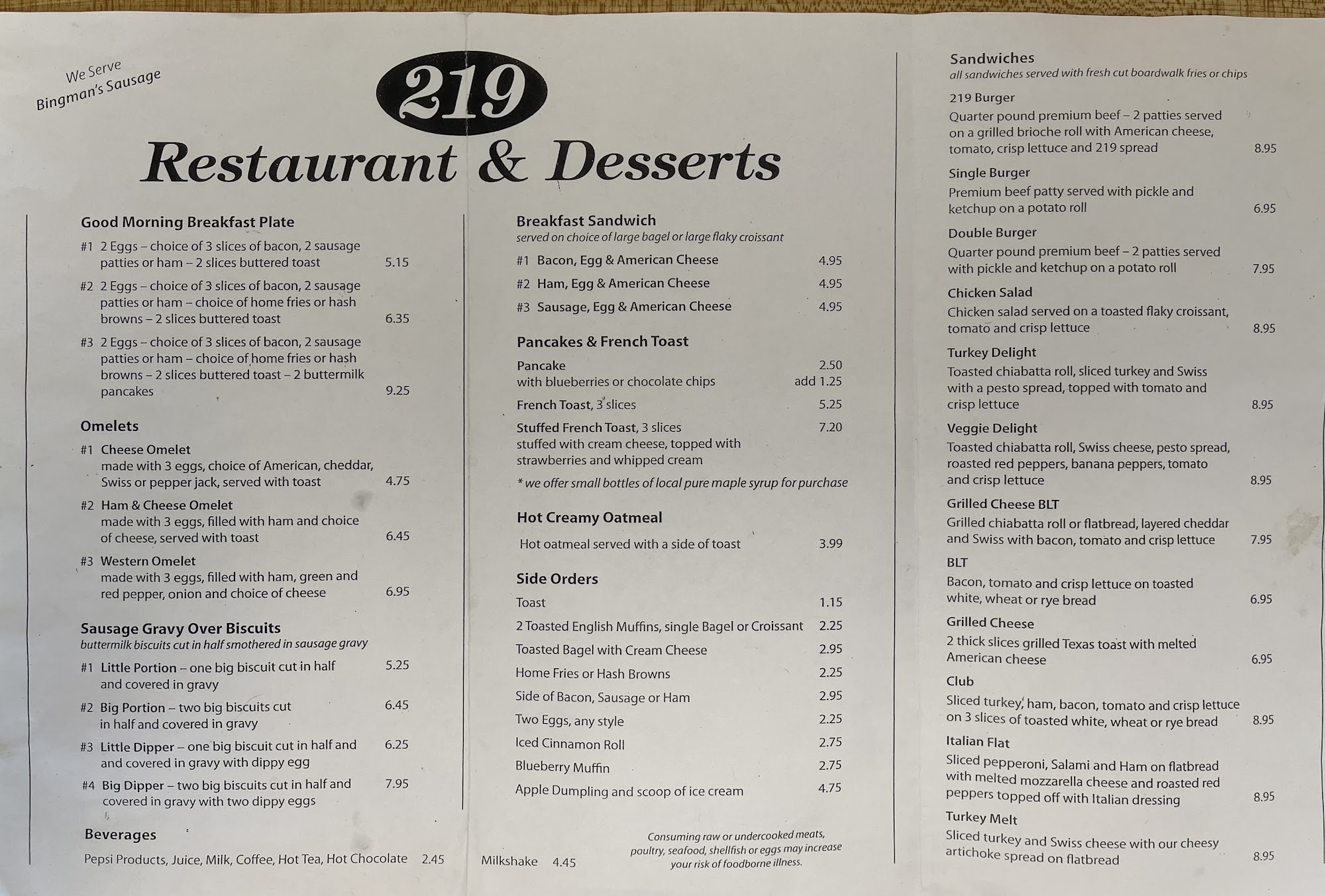 219 Restaurant & Desserts Menu