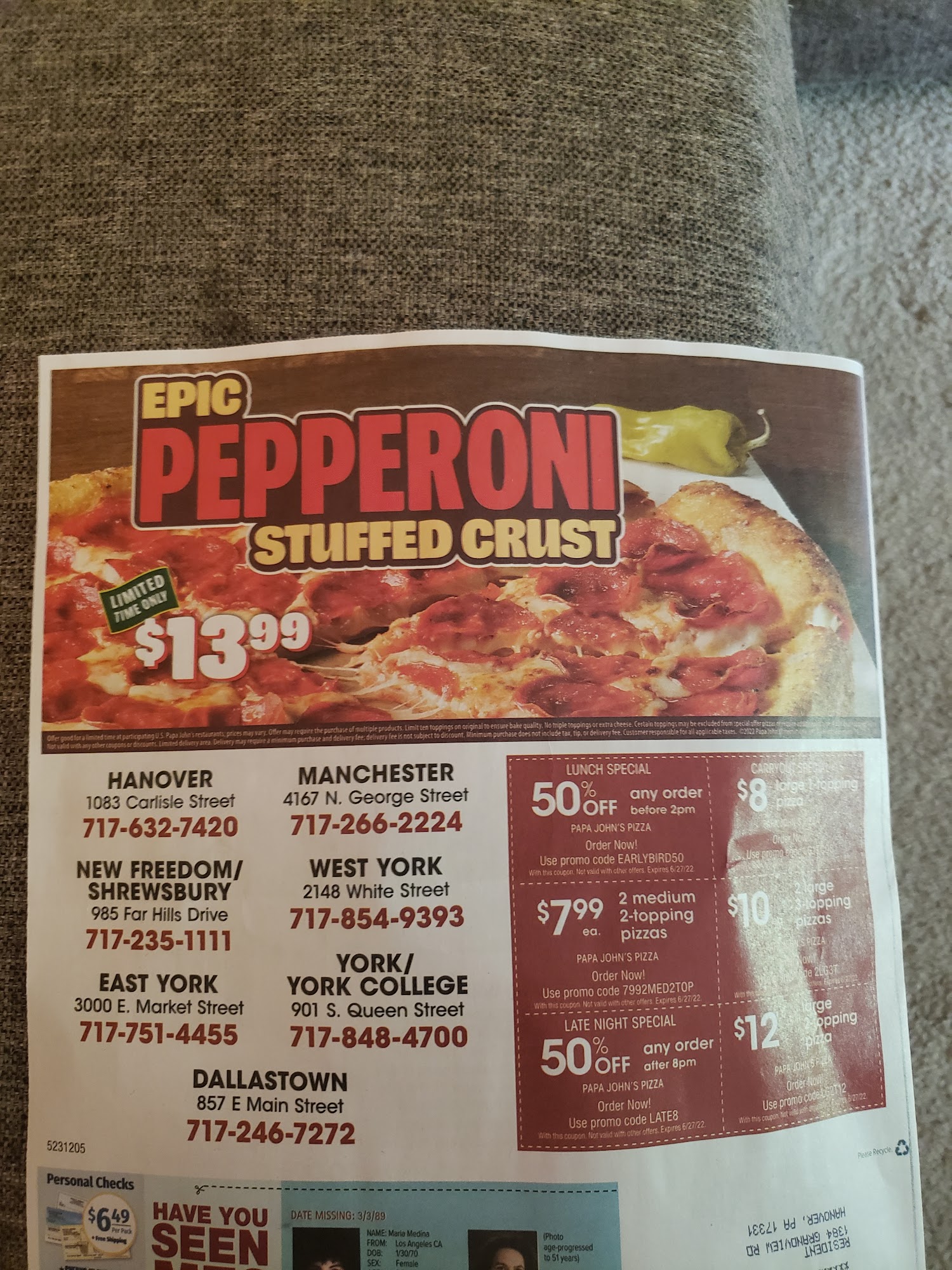 Papa Johns Pizza Menu