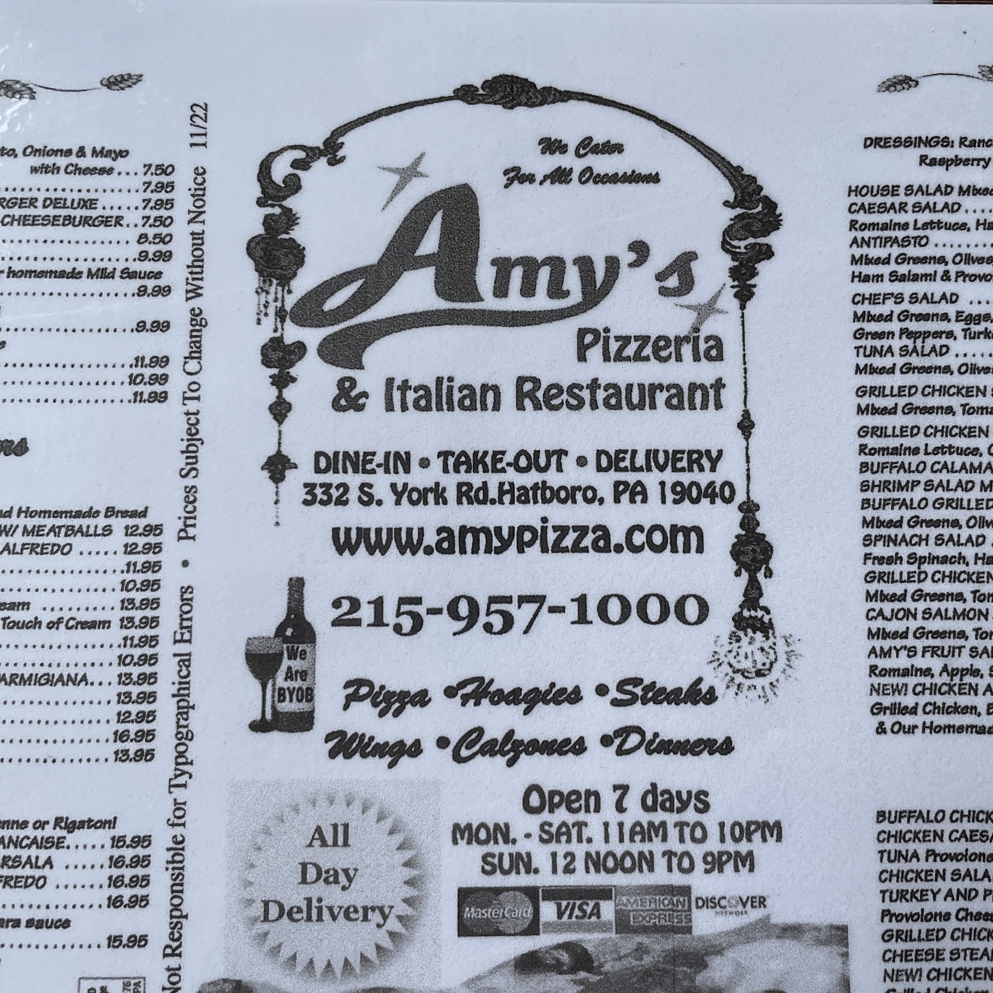Amy's Family Pizzeria Menu