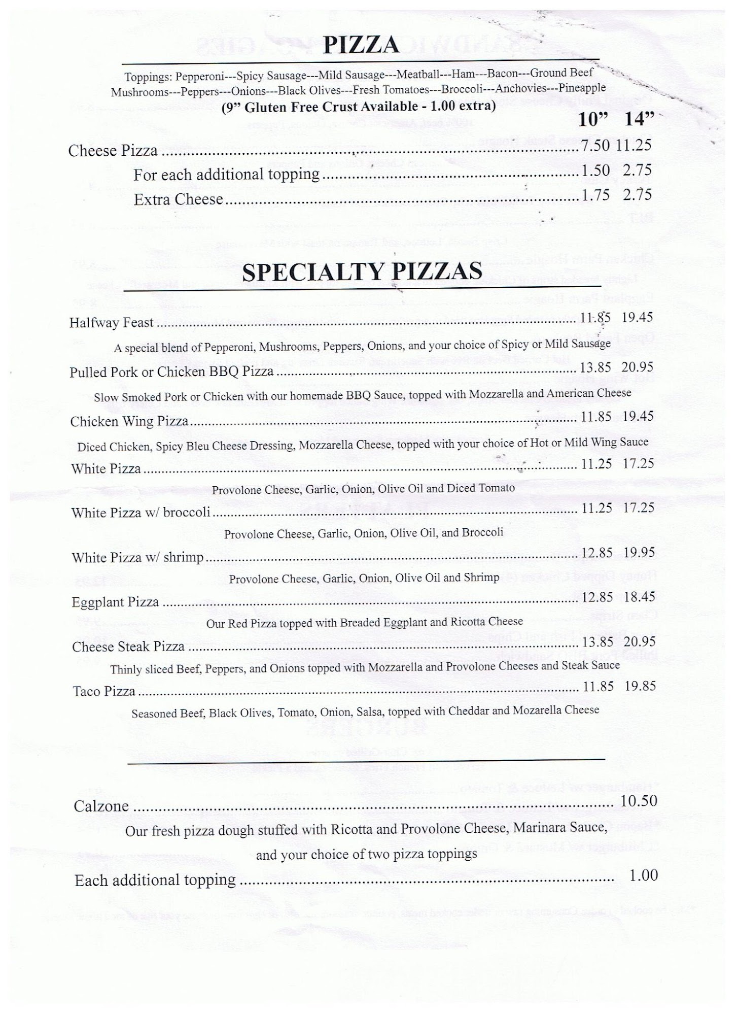 Halfway House Restaurant Menu