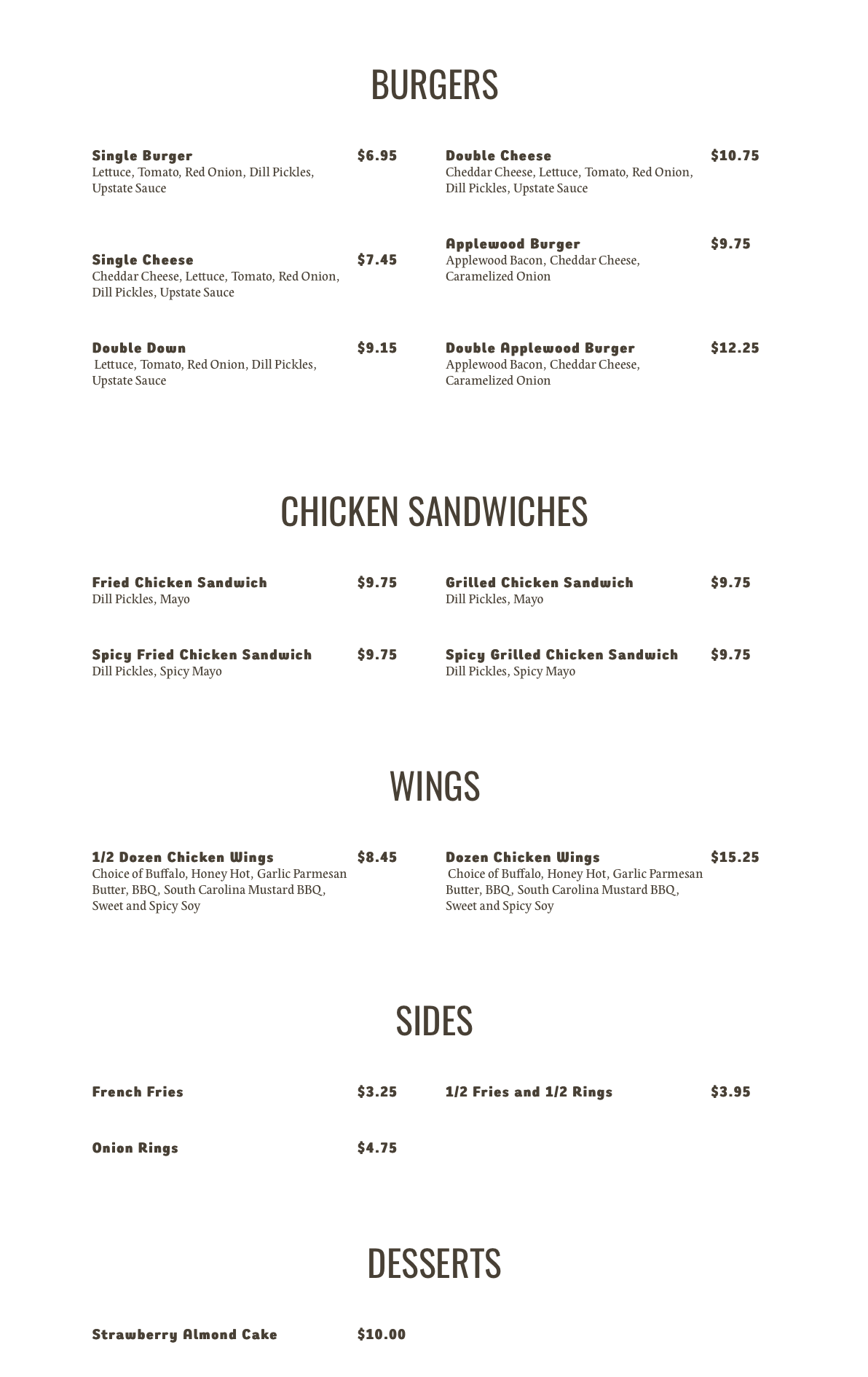 Upstate - Burgers & Wings Menu