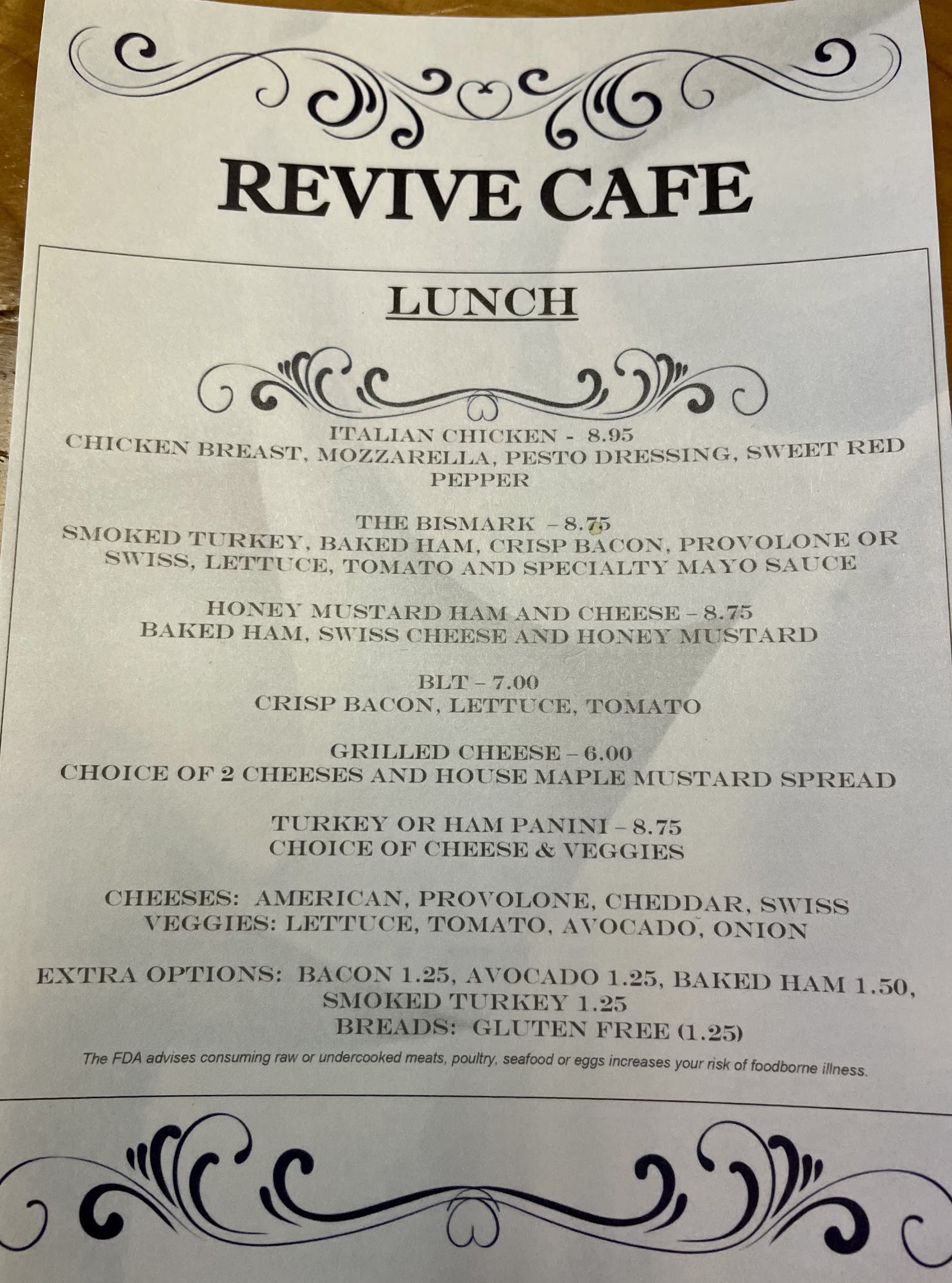 Revive Café and Craft Menu