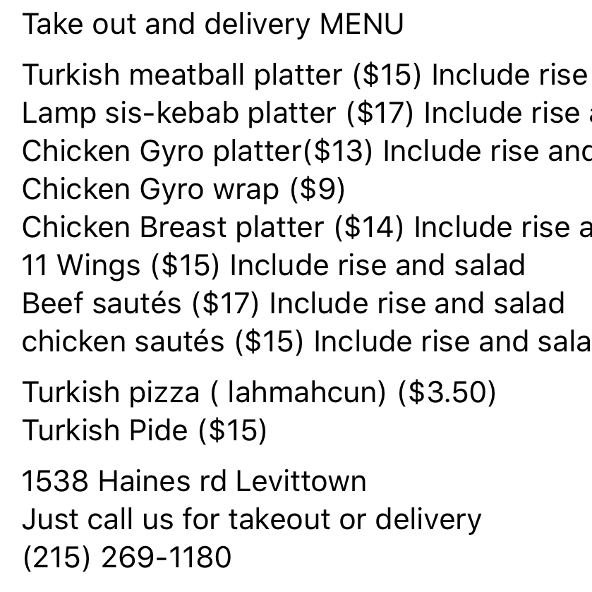 Turkish American Club Of Levittown, Pa Menu