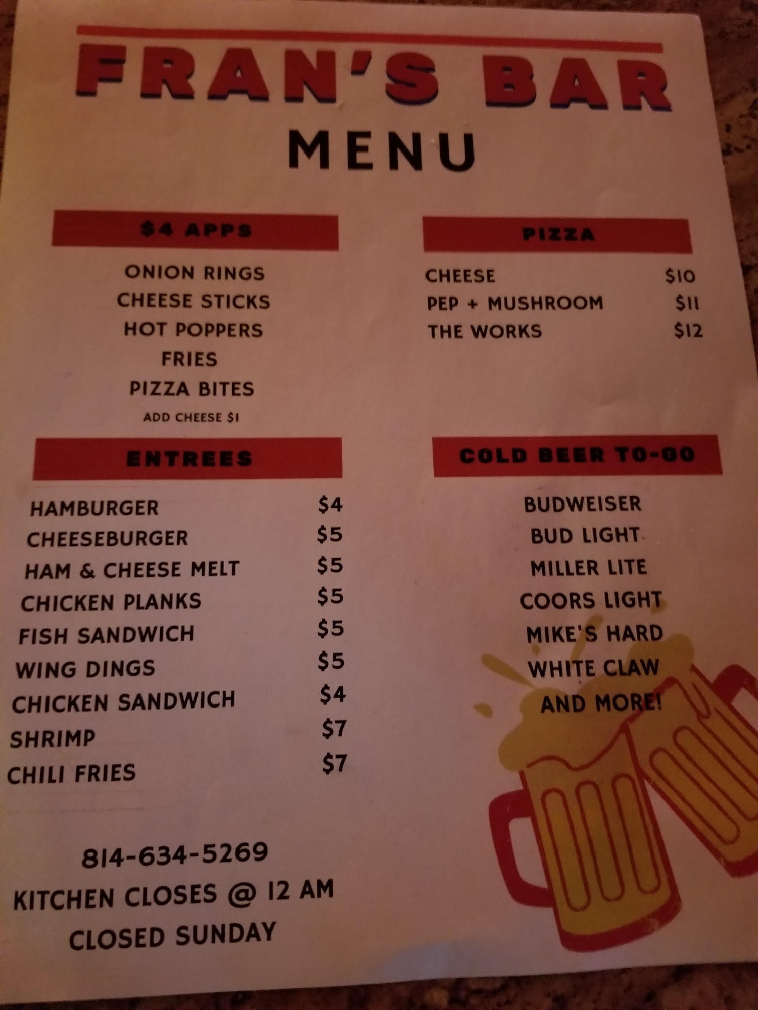 Fran's Bar Menu