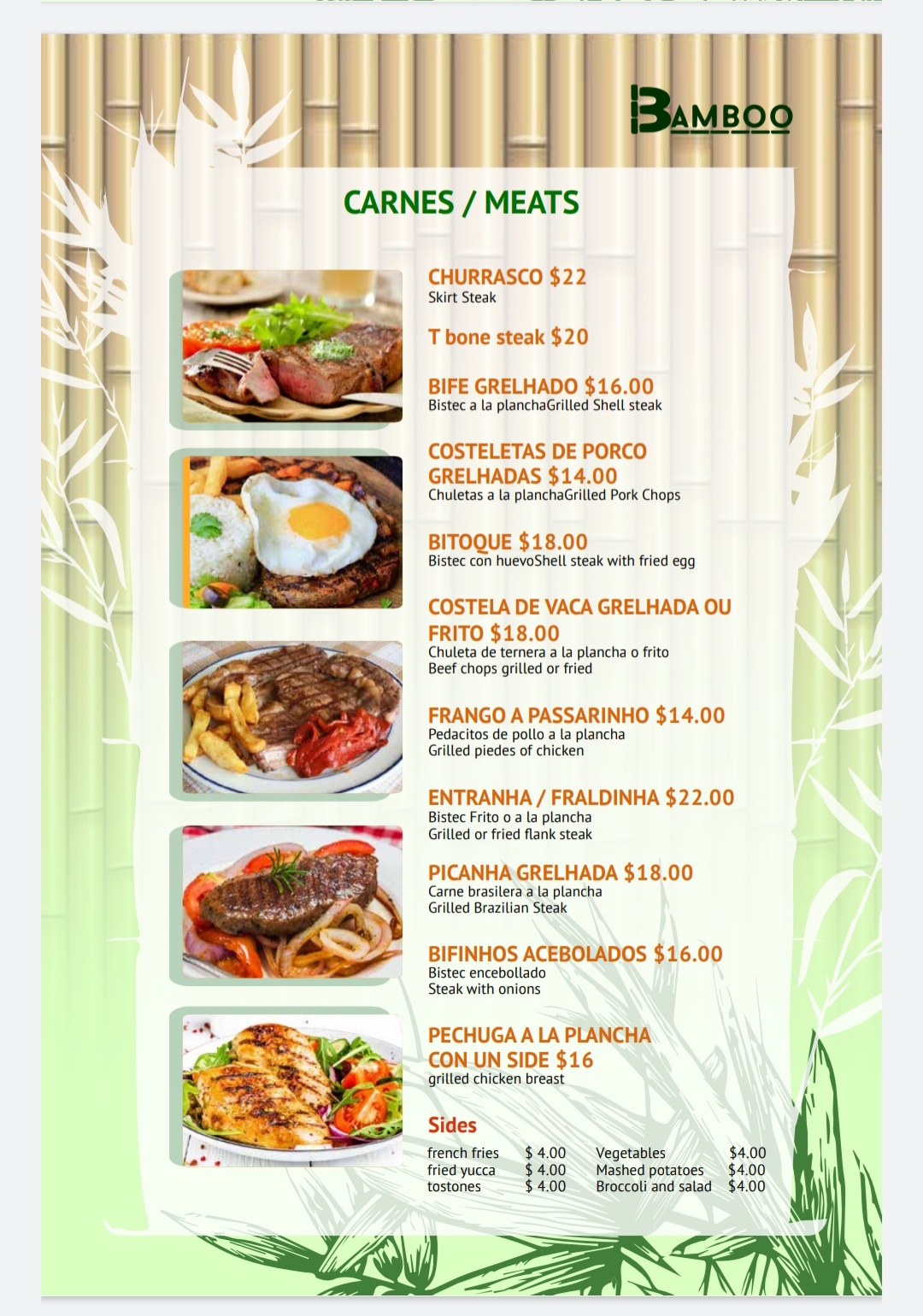 Bamboo Restaurant and Night club Menu