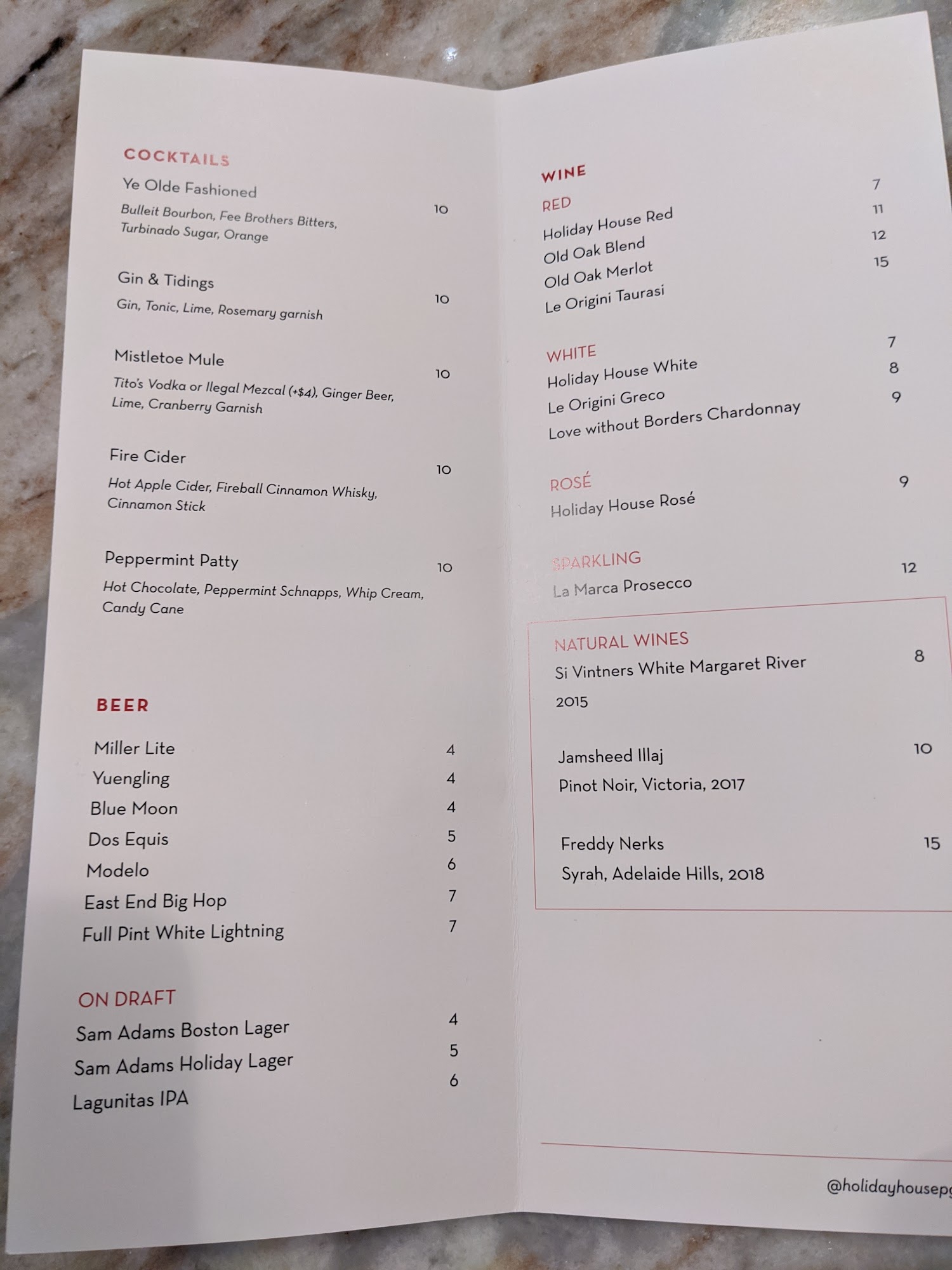 The Holiday House Menu