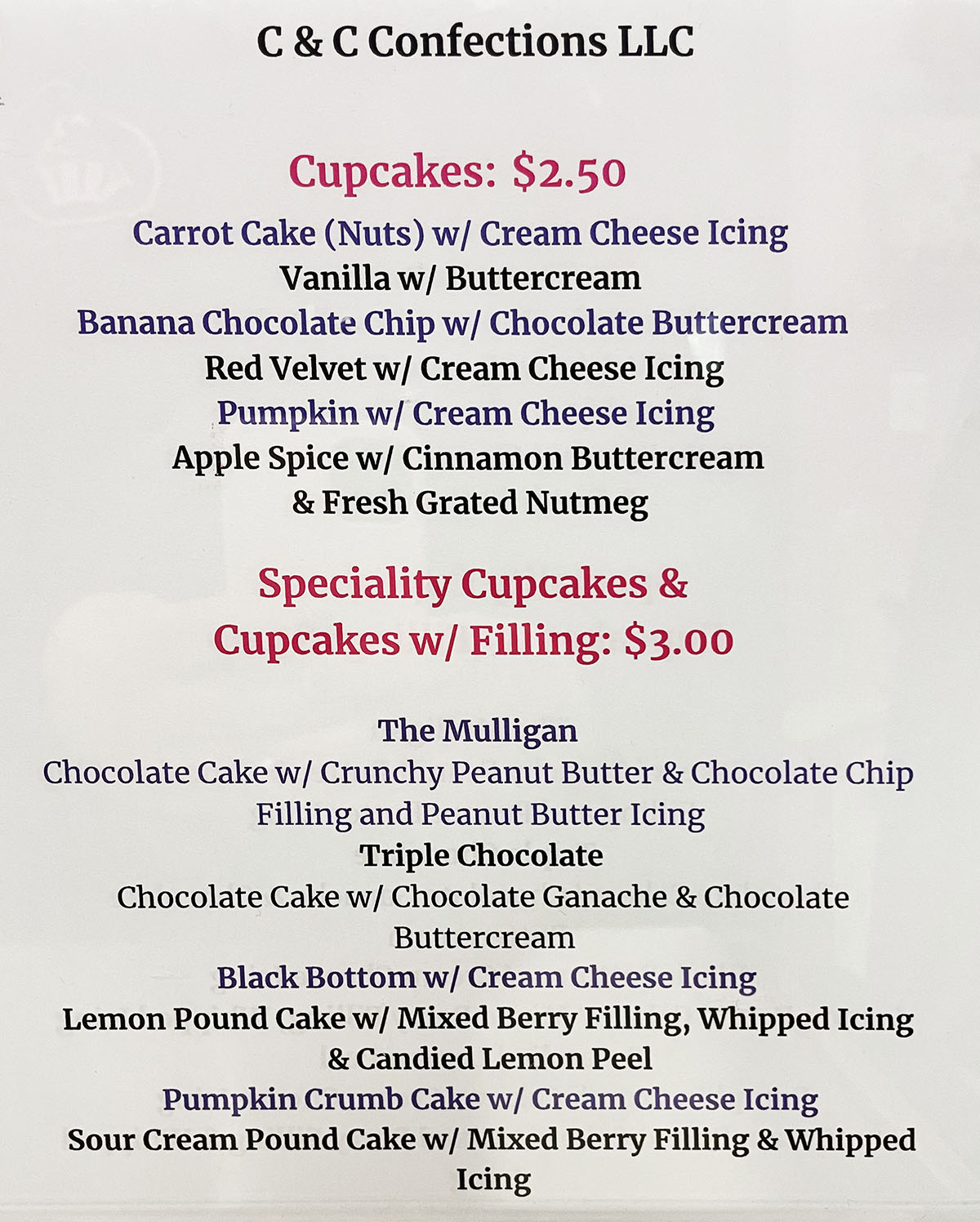 C & C Confections Menu