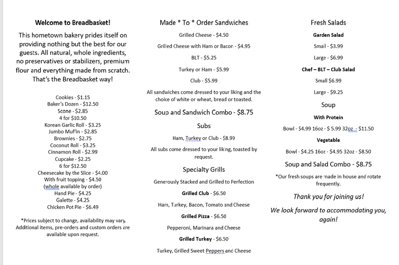Breadbasket Bakery Menu