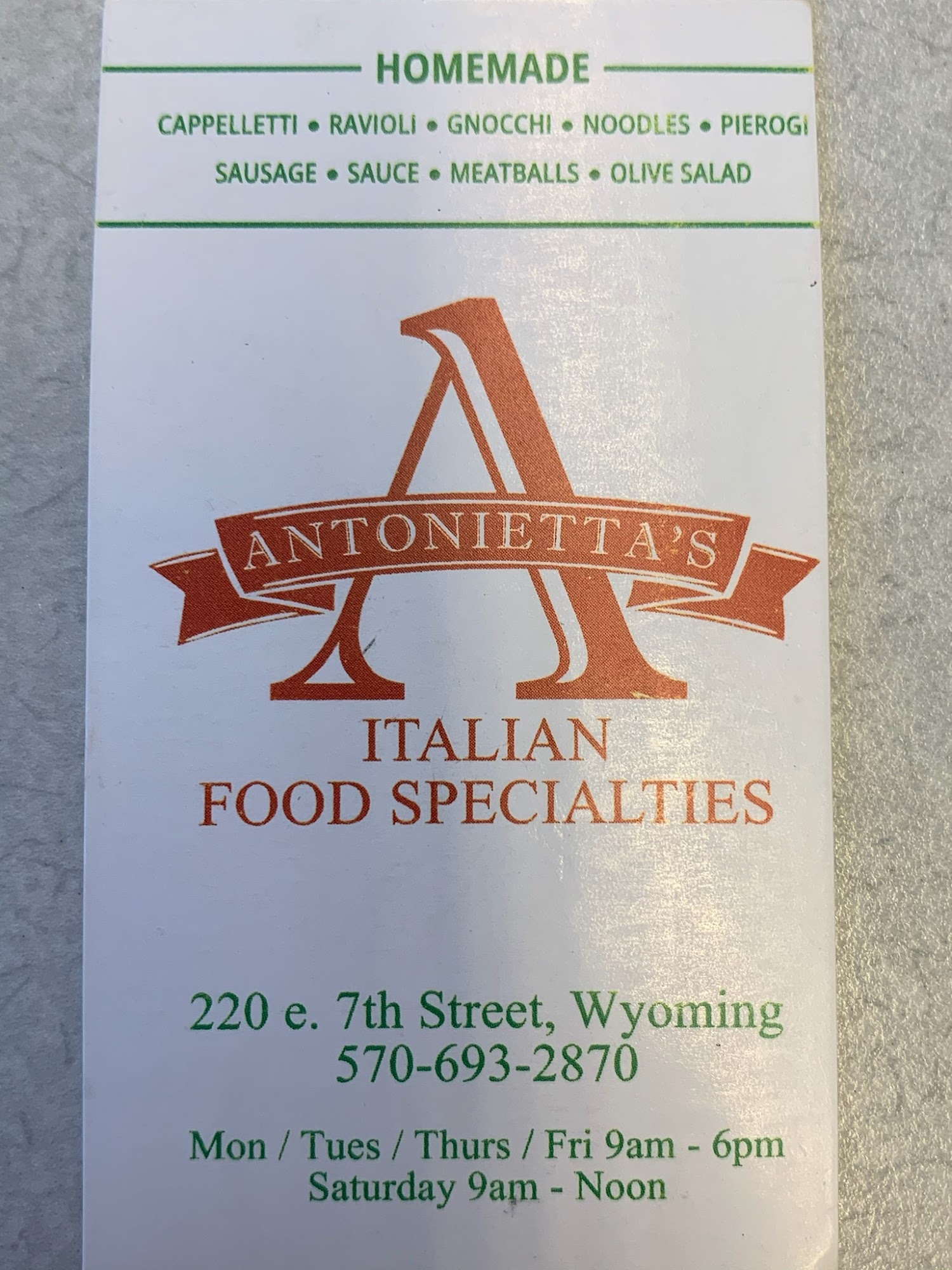 Antonietta’s Italian Food Specialties Menu