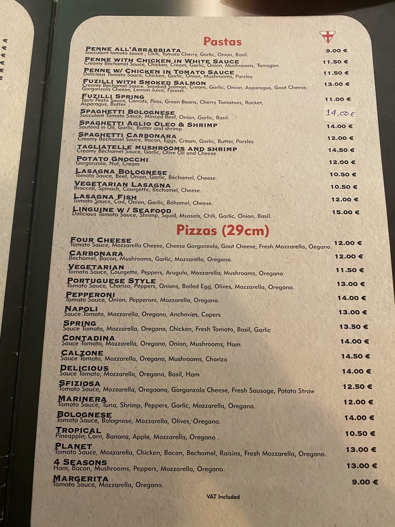 Planet Italian Resturant Menu