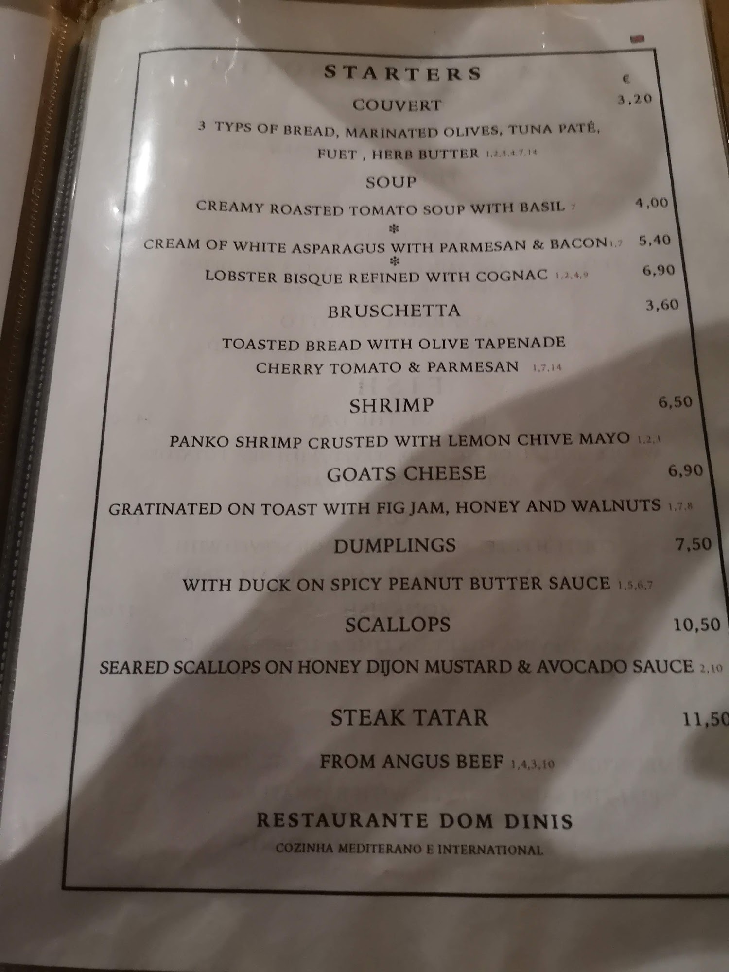 Dom Dinis Menu