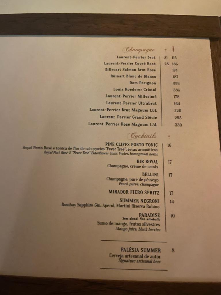 Mirador Champagne Bar Menu