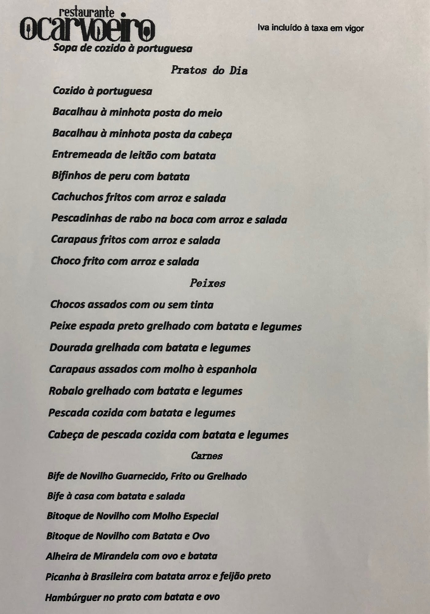 O Carvoeiro Menu