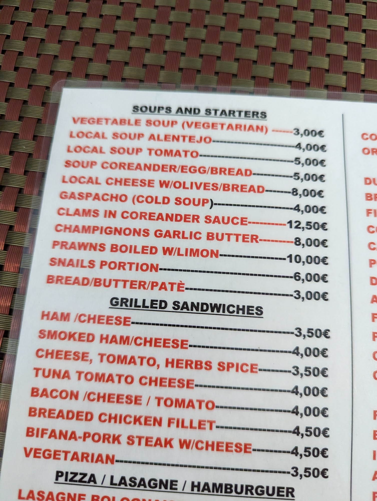 Pastelaria Sol Nascente Menu