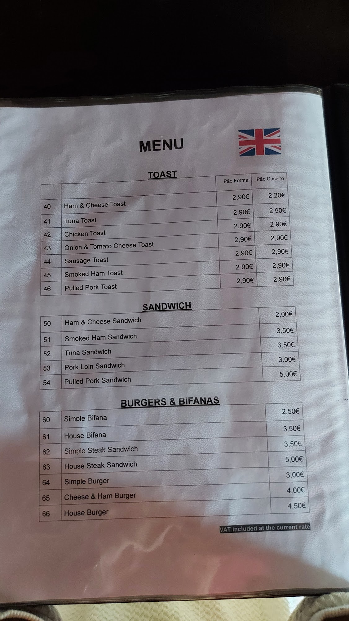 Restaurante O Parque Menu