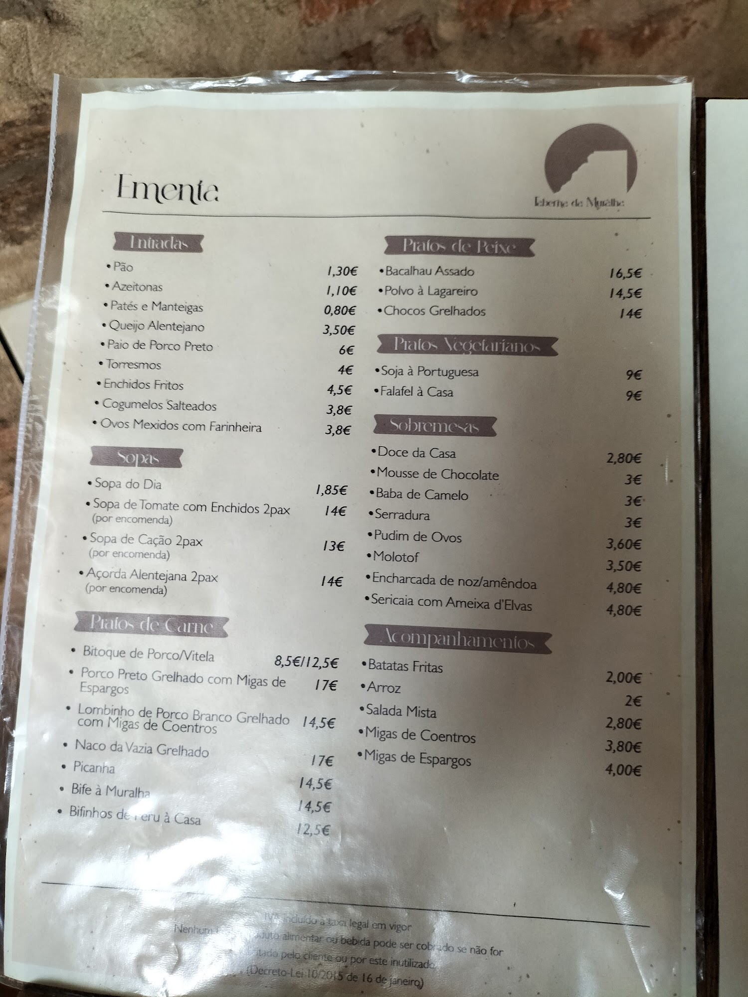A Taberna da Muralha Menu