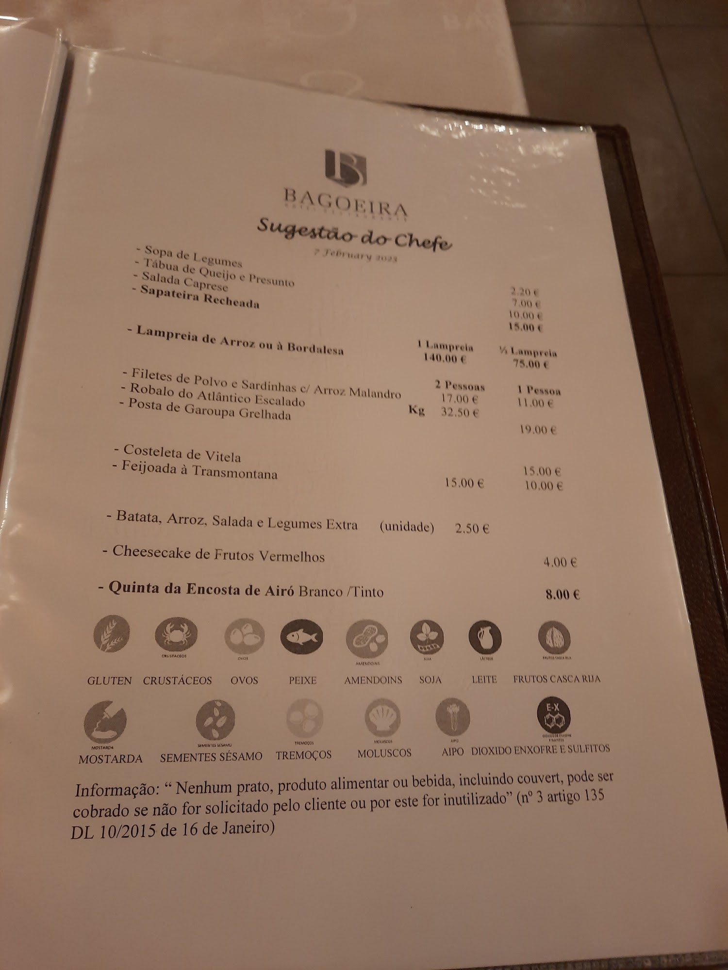 Hotel Restaurante Bagoeira Menu