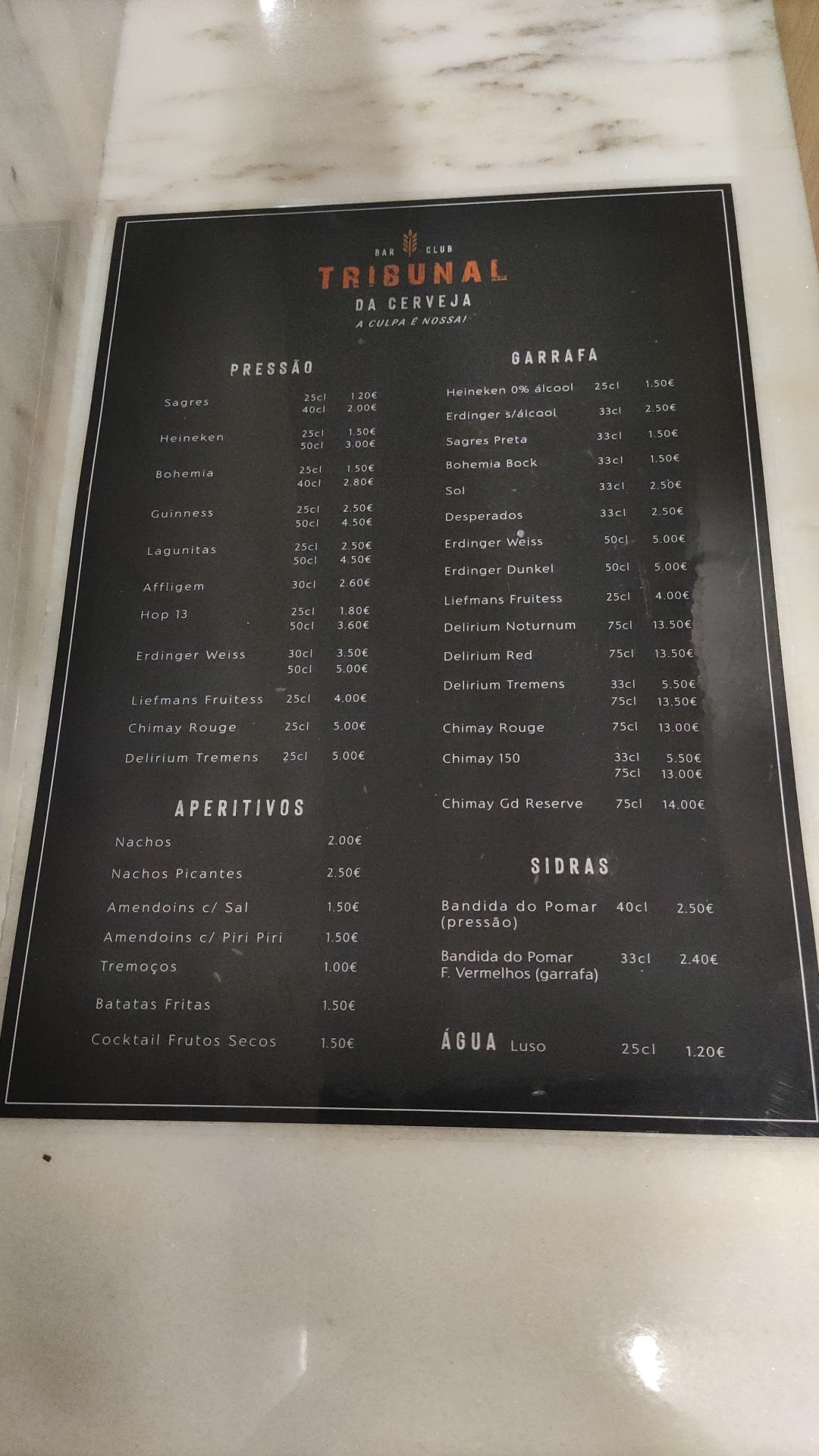 Tribunal da Cerveja Menu