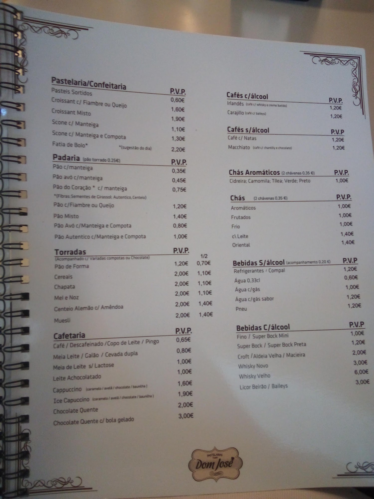 Dom José Pastelarias Menu