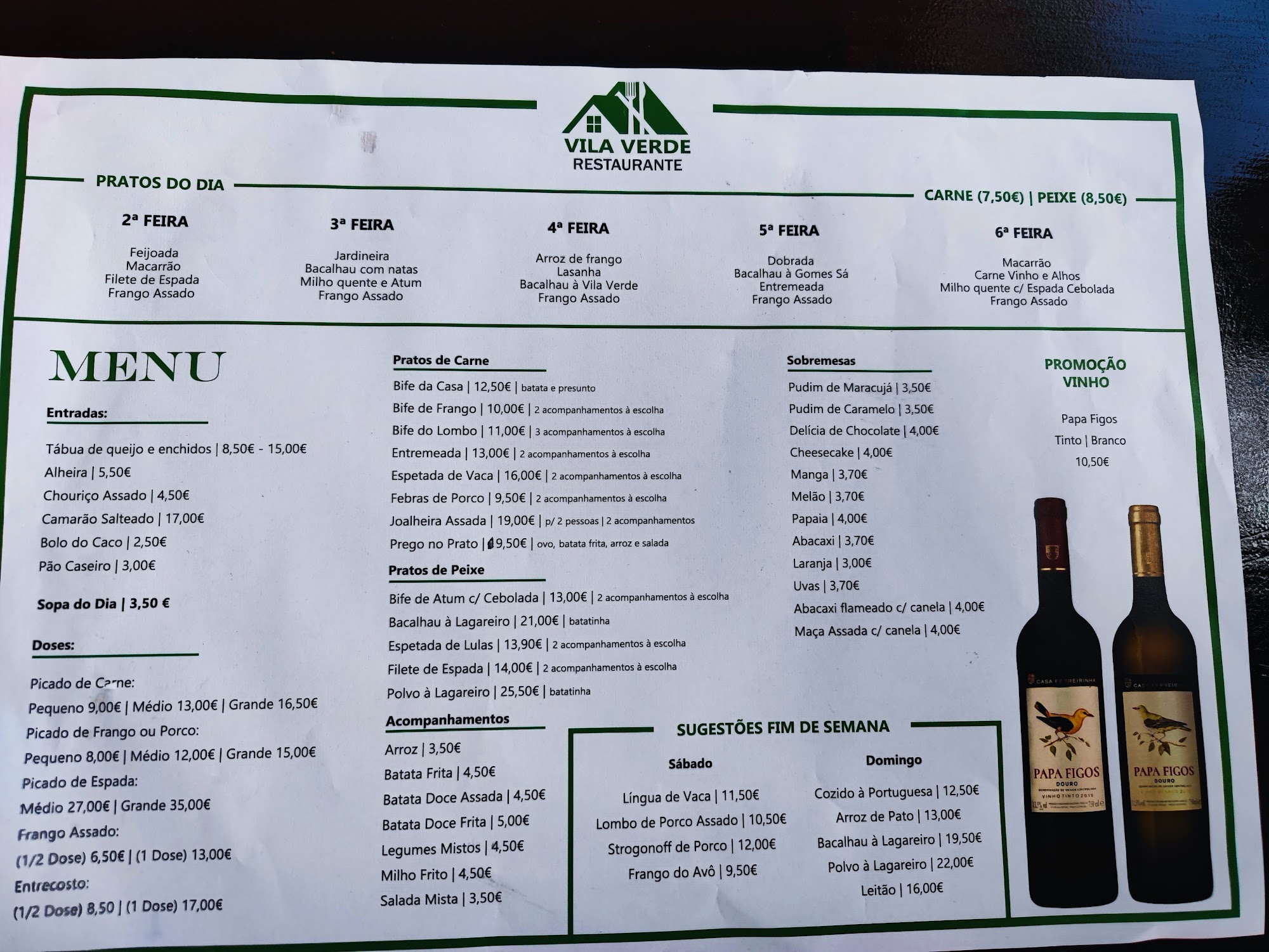 Restaurant Vila Verde Menu