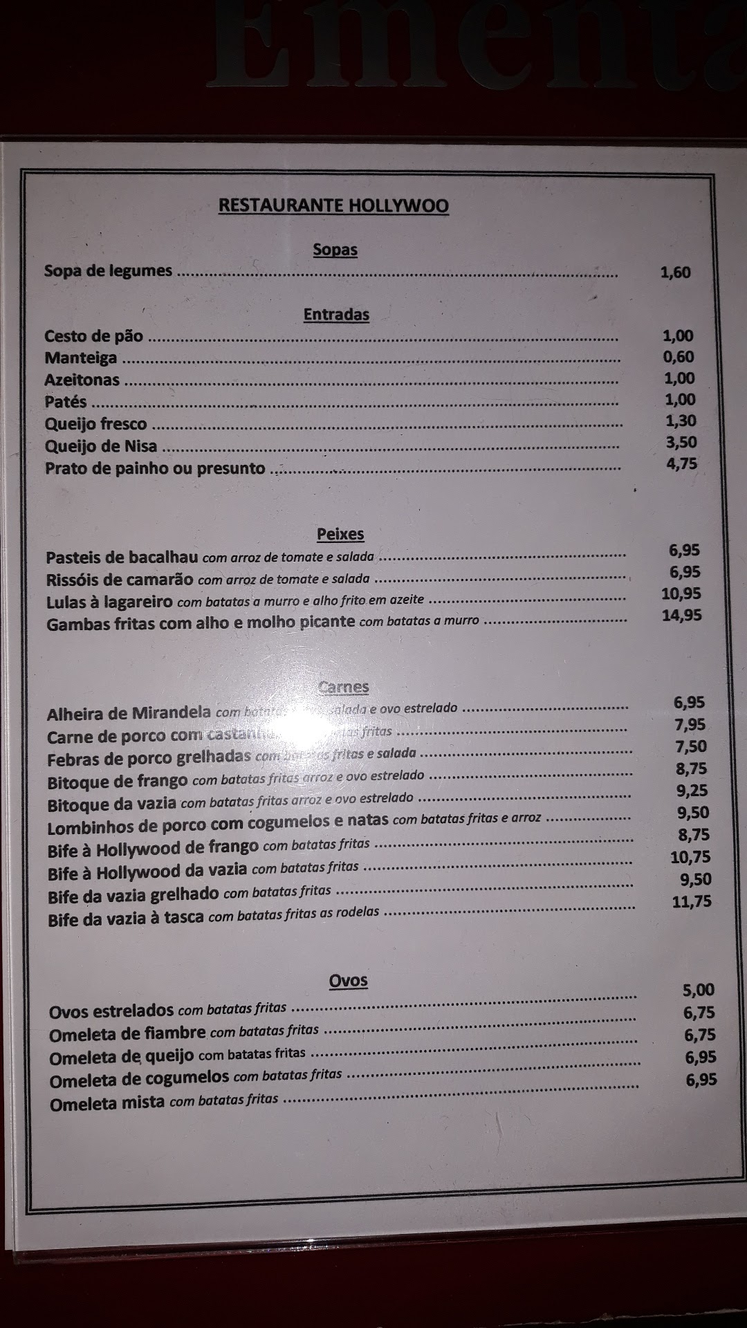 Restaurante Hollywood Menu