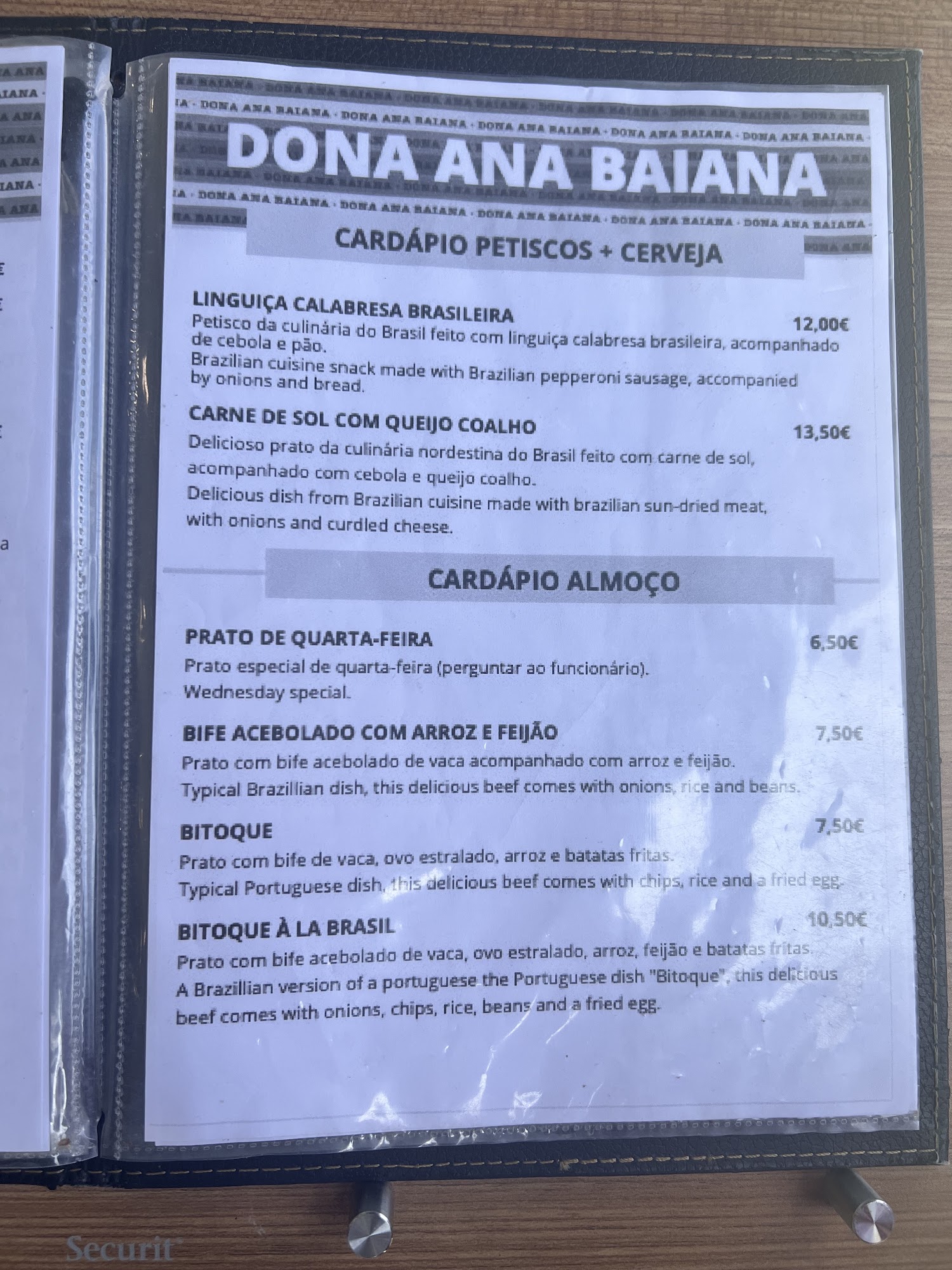 Dona Ana Baiana Menu