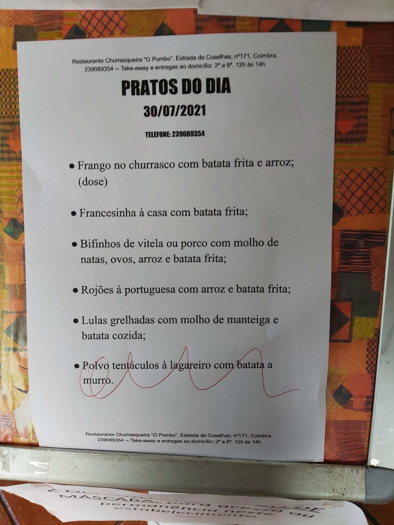 Restaurante & Churrasqueira O Pombo Menu