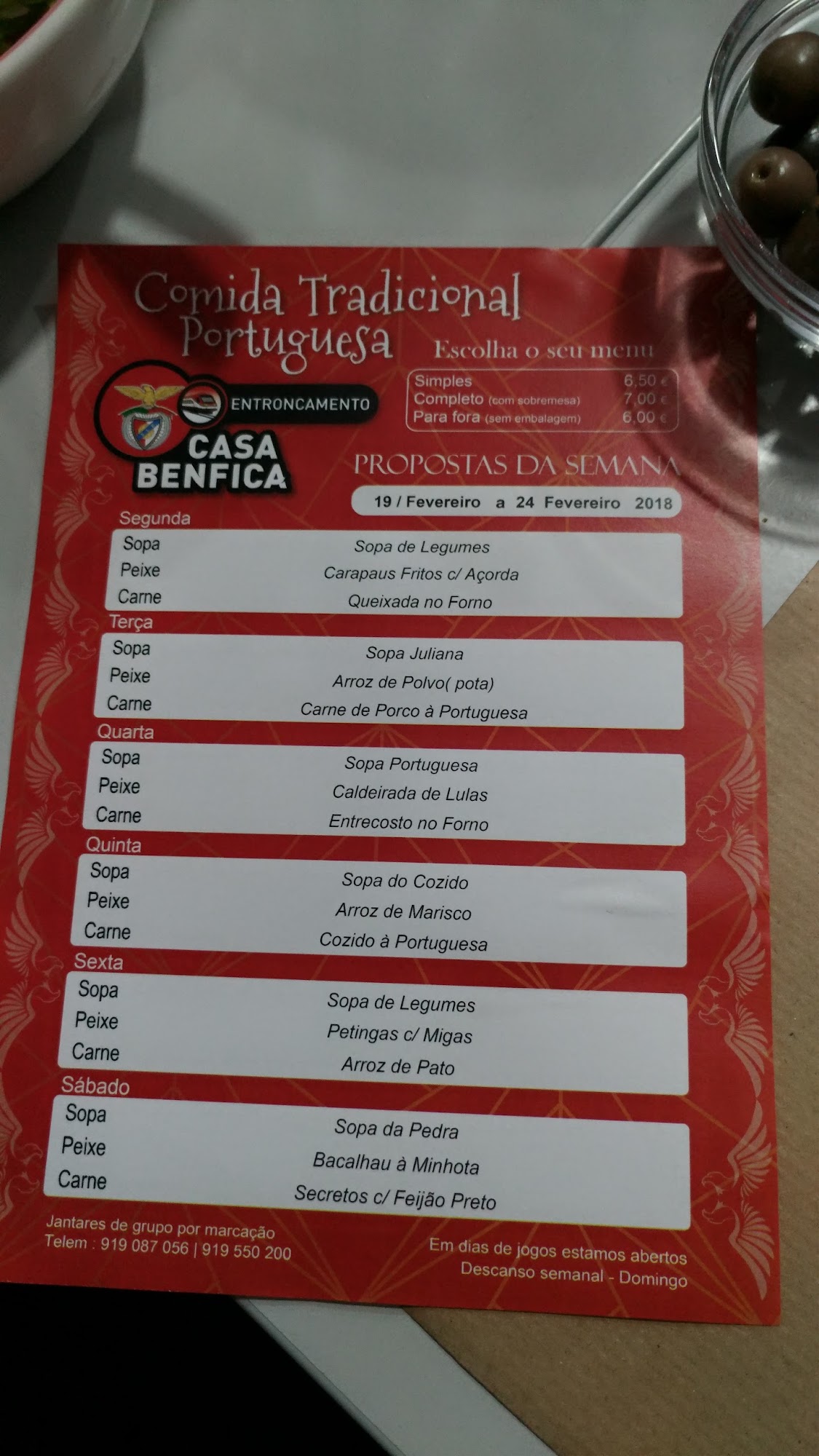 Casa Benfica Entroncamento Menu