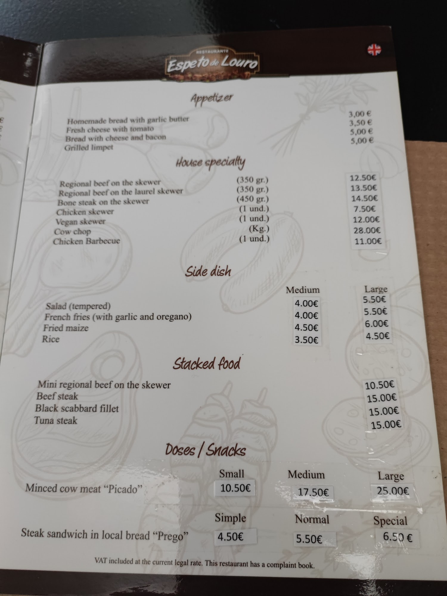 Espeto de Louro Restaurante Menu