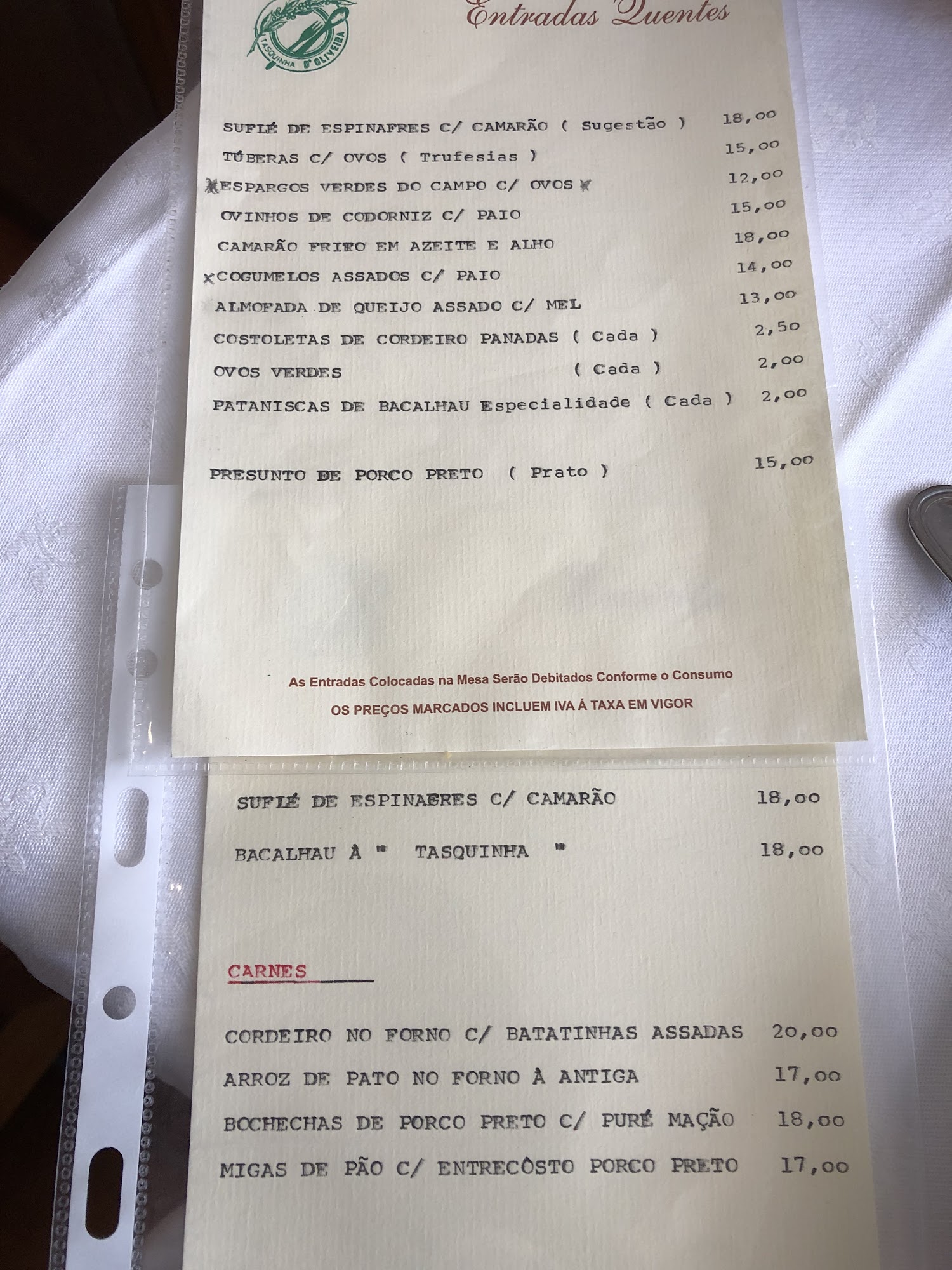 Tasquinha do Oliveira Menu