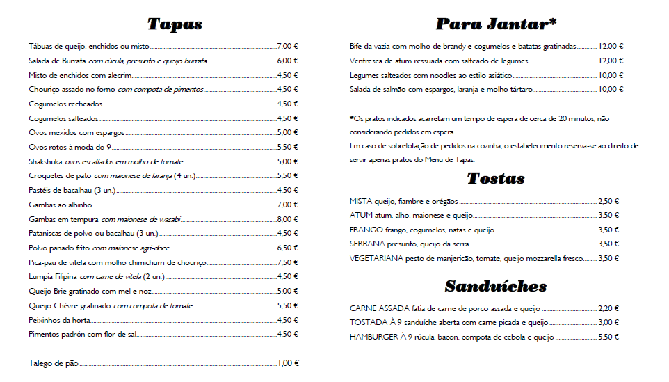 9 da Praça Menu