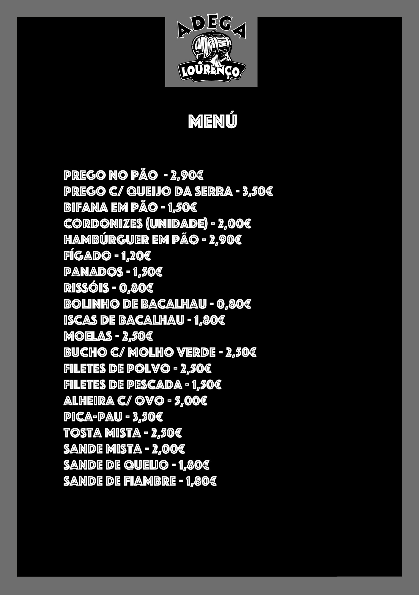 Adega Lourenço Menu