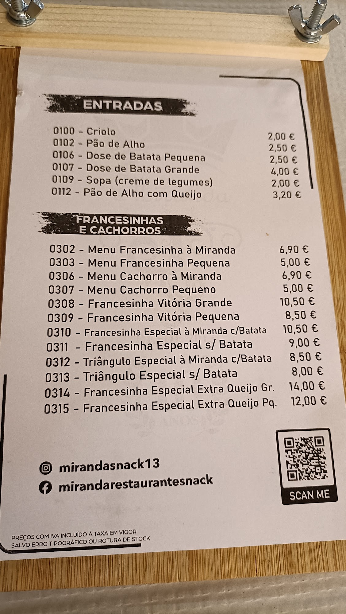 Miranda Snack | Rei das Francesinhas Menu