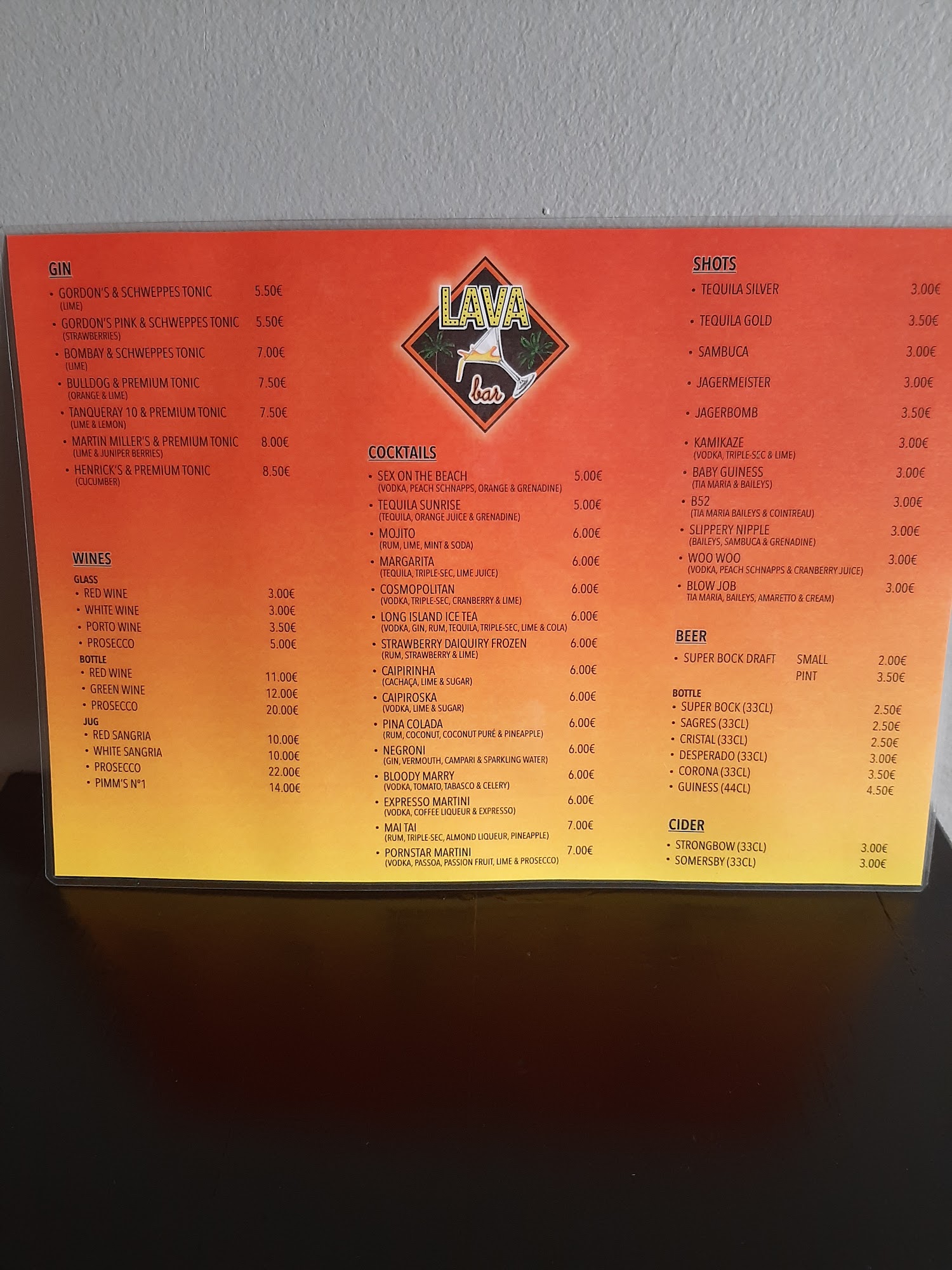 Cantinho da Sangria (Lava Bar) Menu