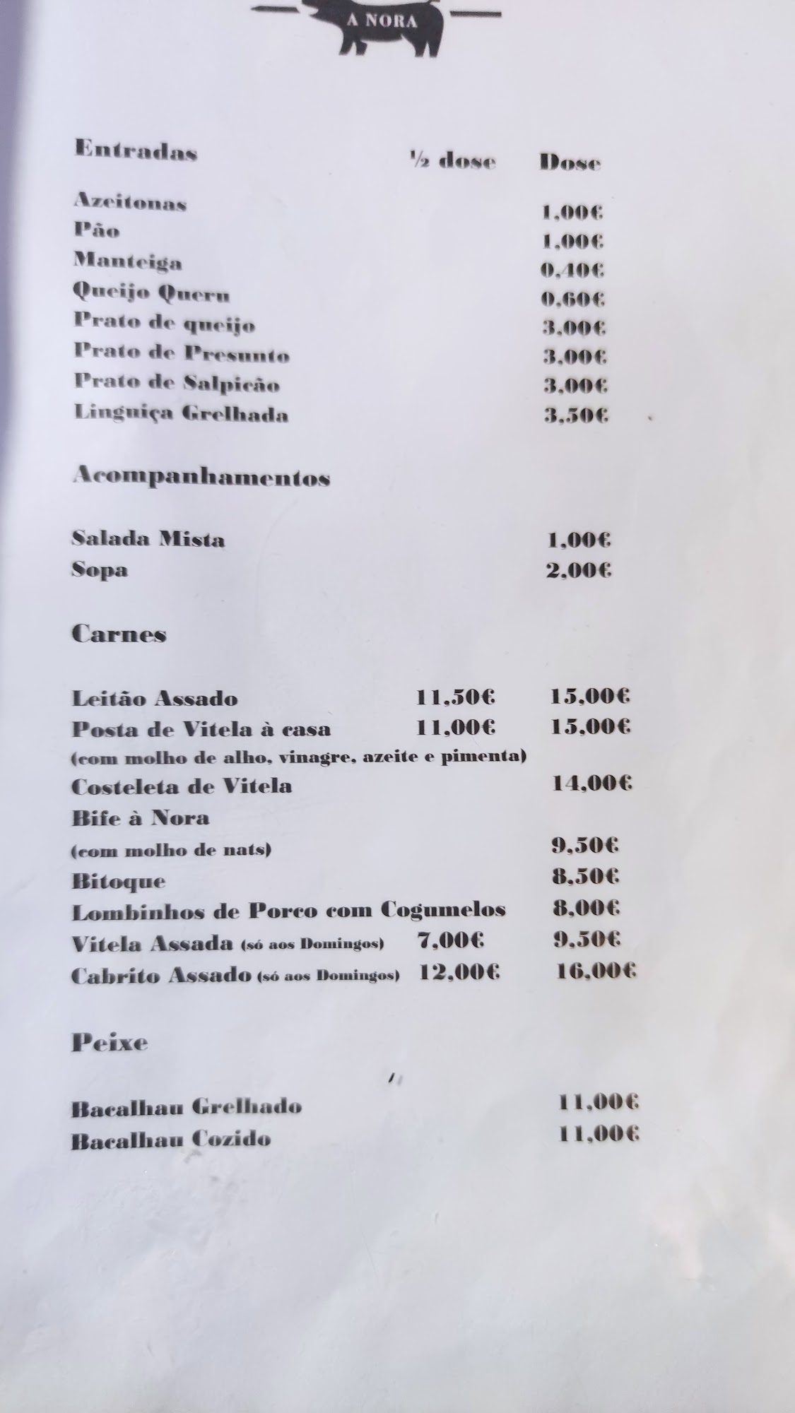 Restaurante A Nora Menu