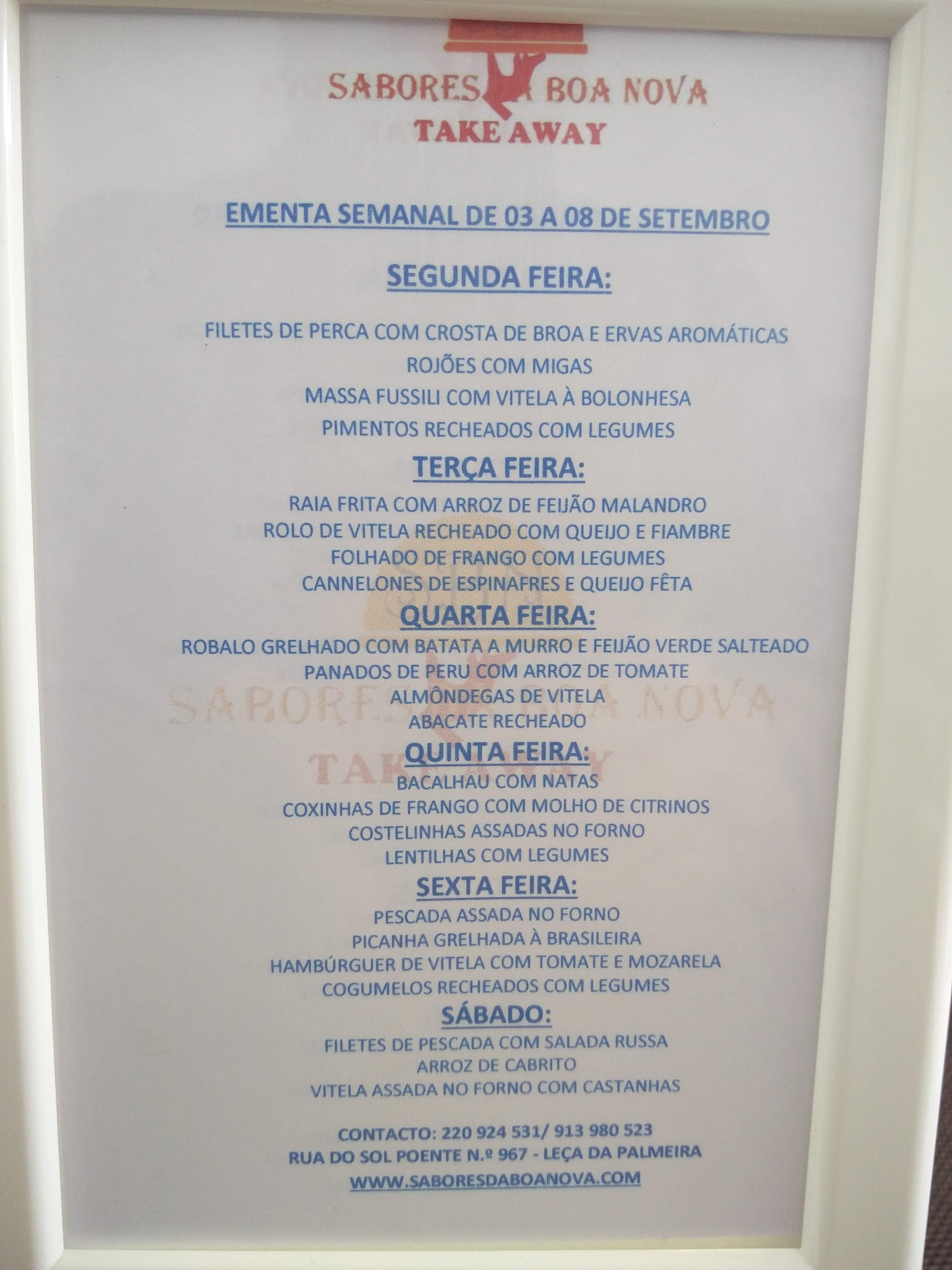 Sabores da Boa Nova - Prato do dia Menu