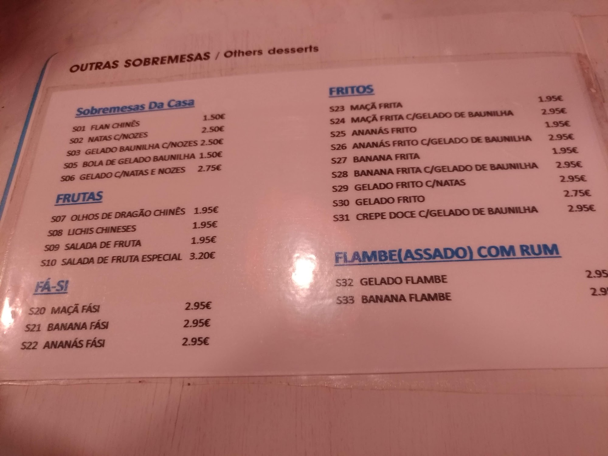 Restaurante Chinês Kuo Cang 括苍 Menu