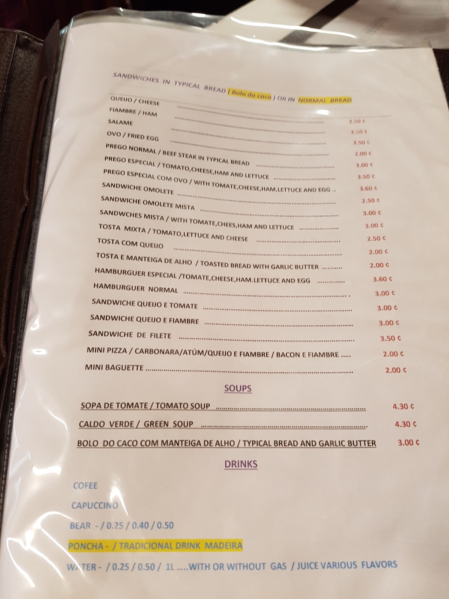 Restaurant Portela a Vista Menu