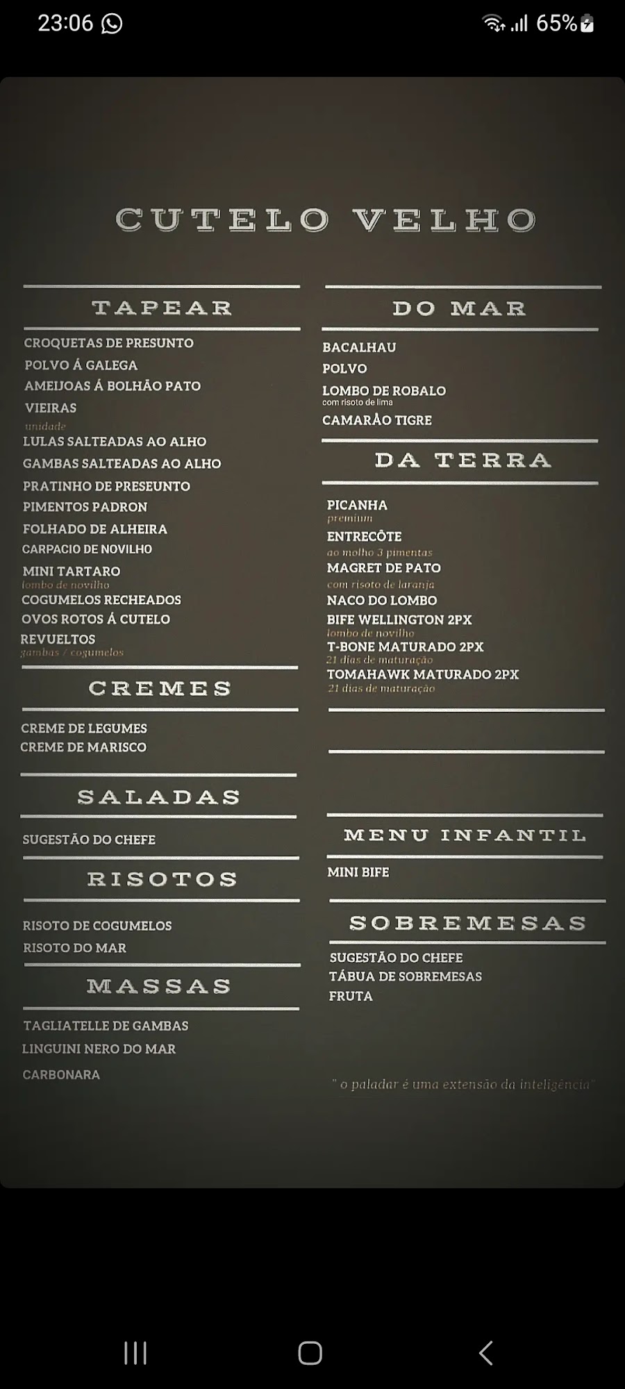 Cutelo Velho Menu