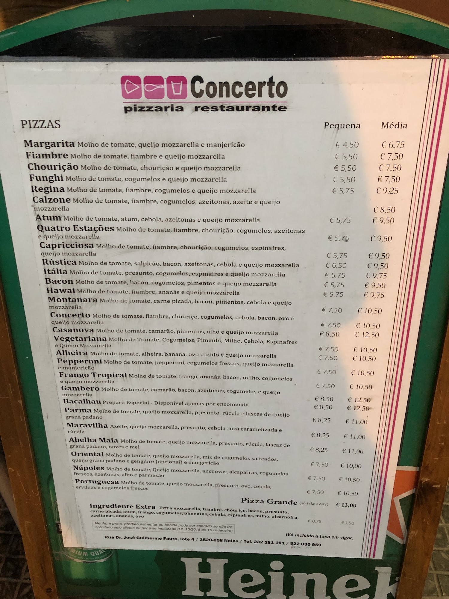 Pizzaria Concerto Menu