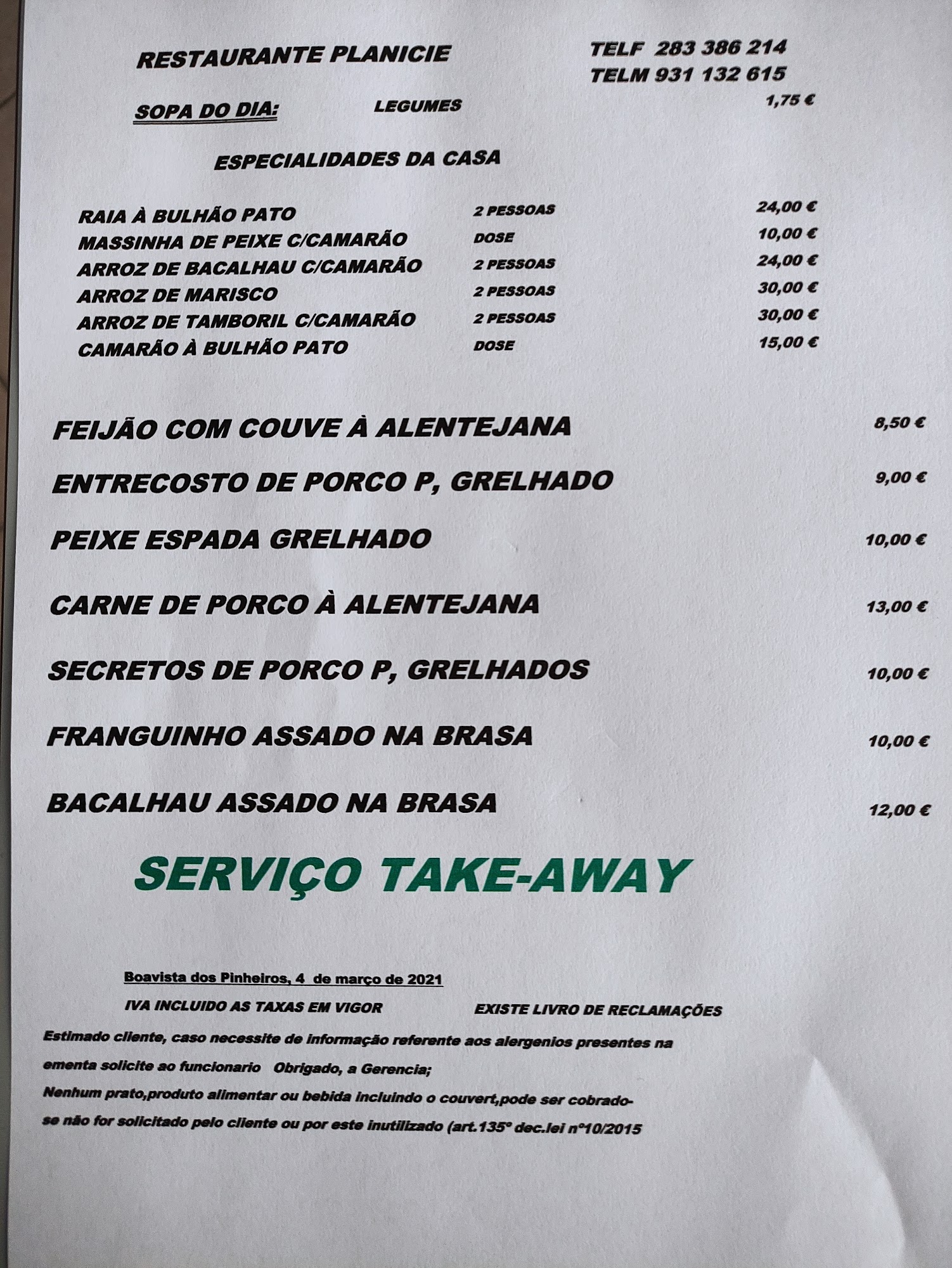 Restaurante Planicíe Menu