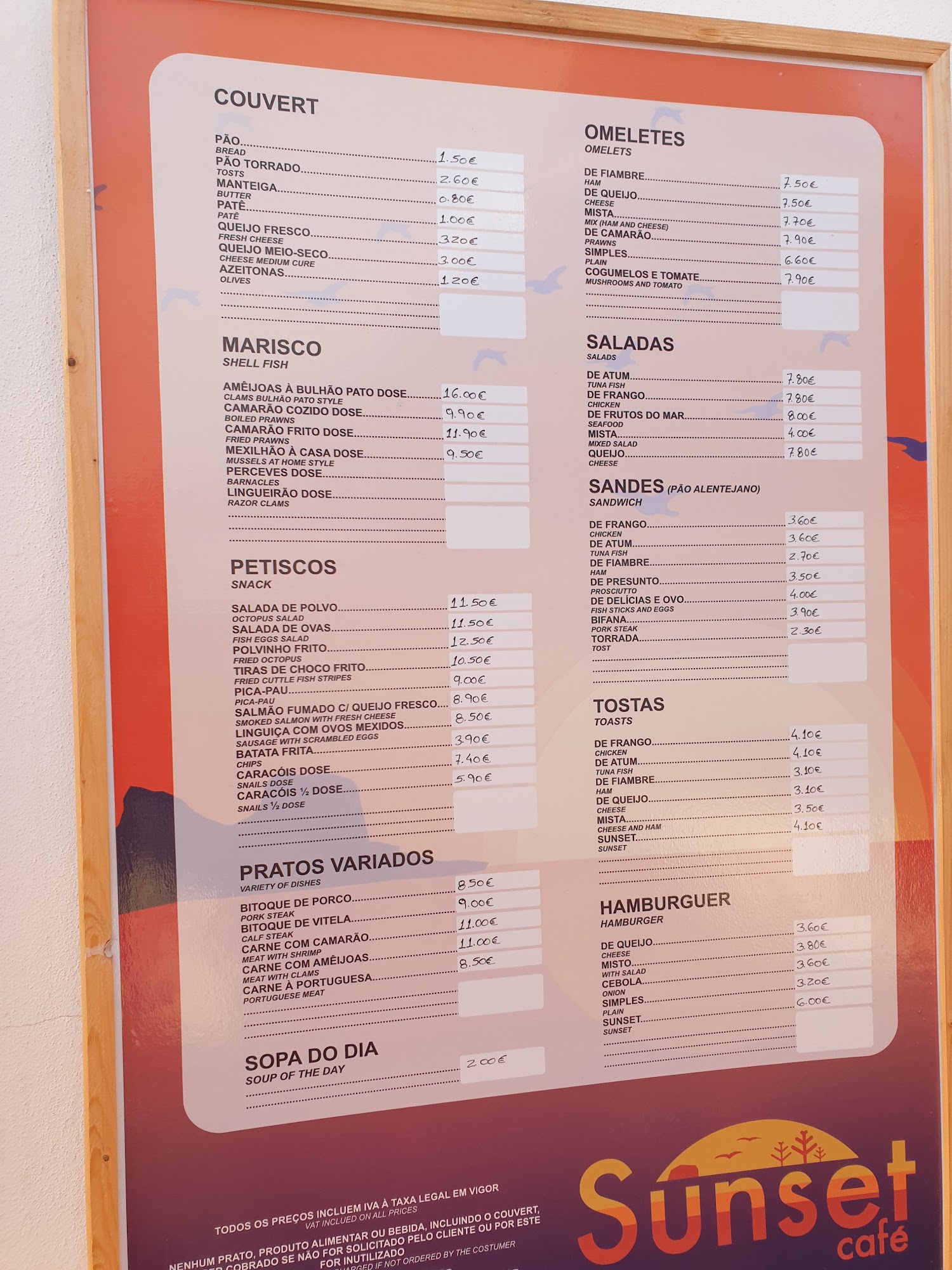 Sunset Café Menu