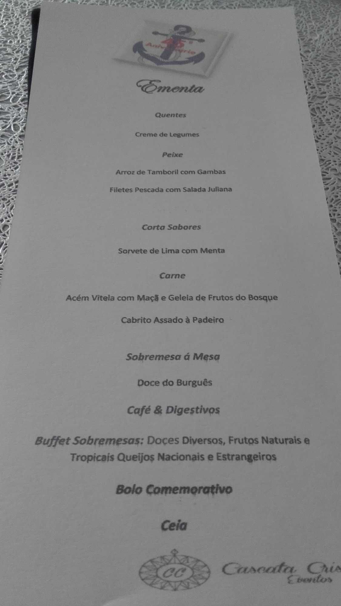 Cascata Cristalina Menu