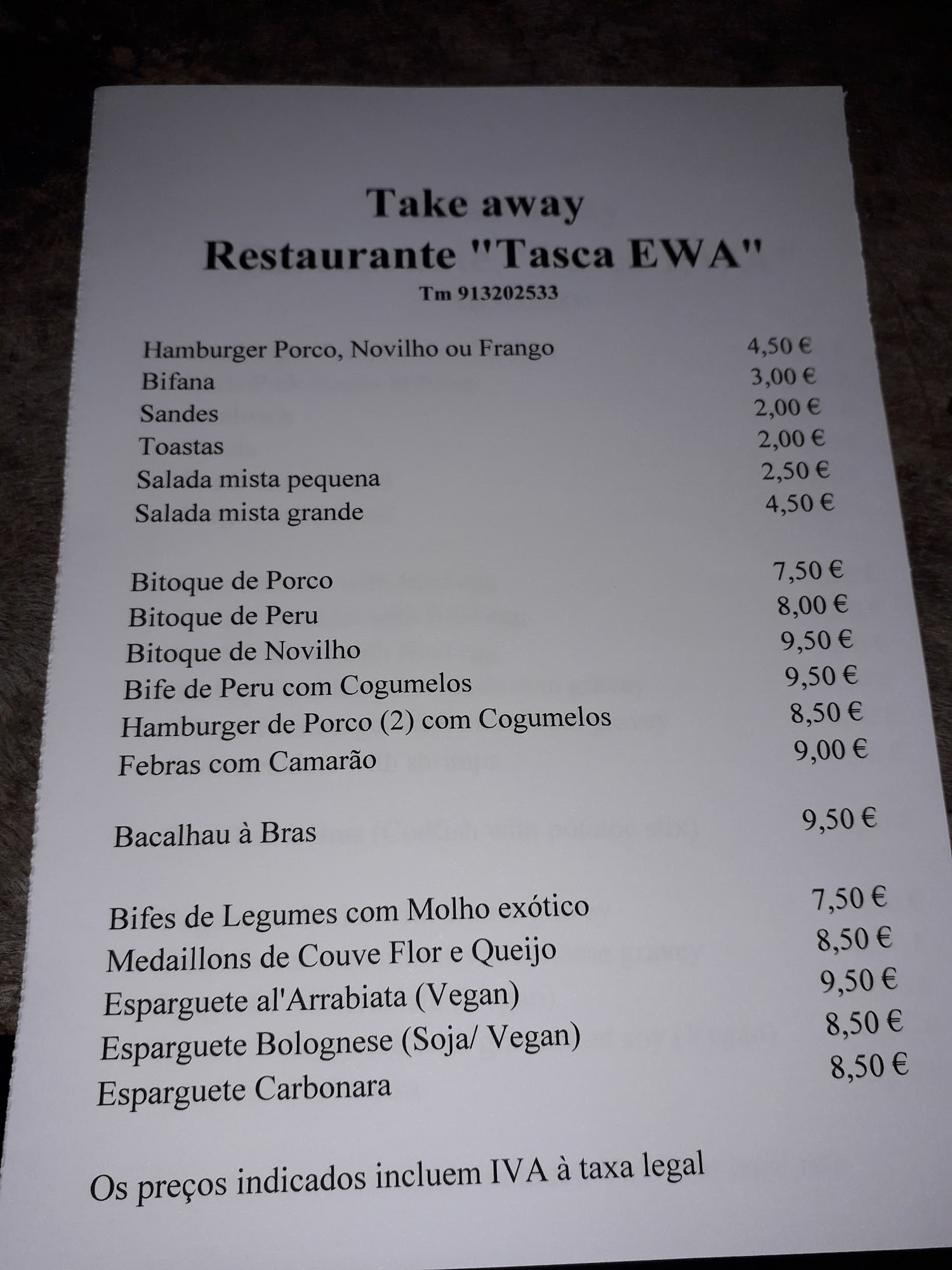 RESTAURANTE TASCA EWA Menu