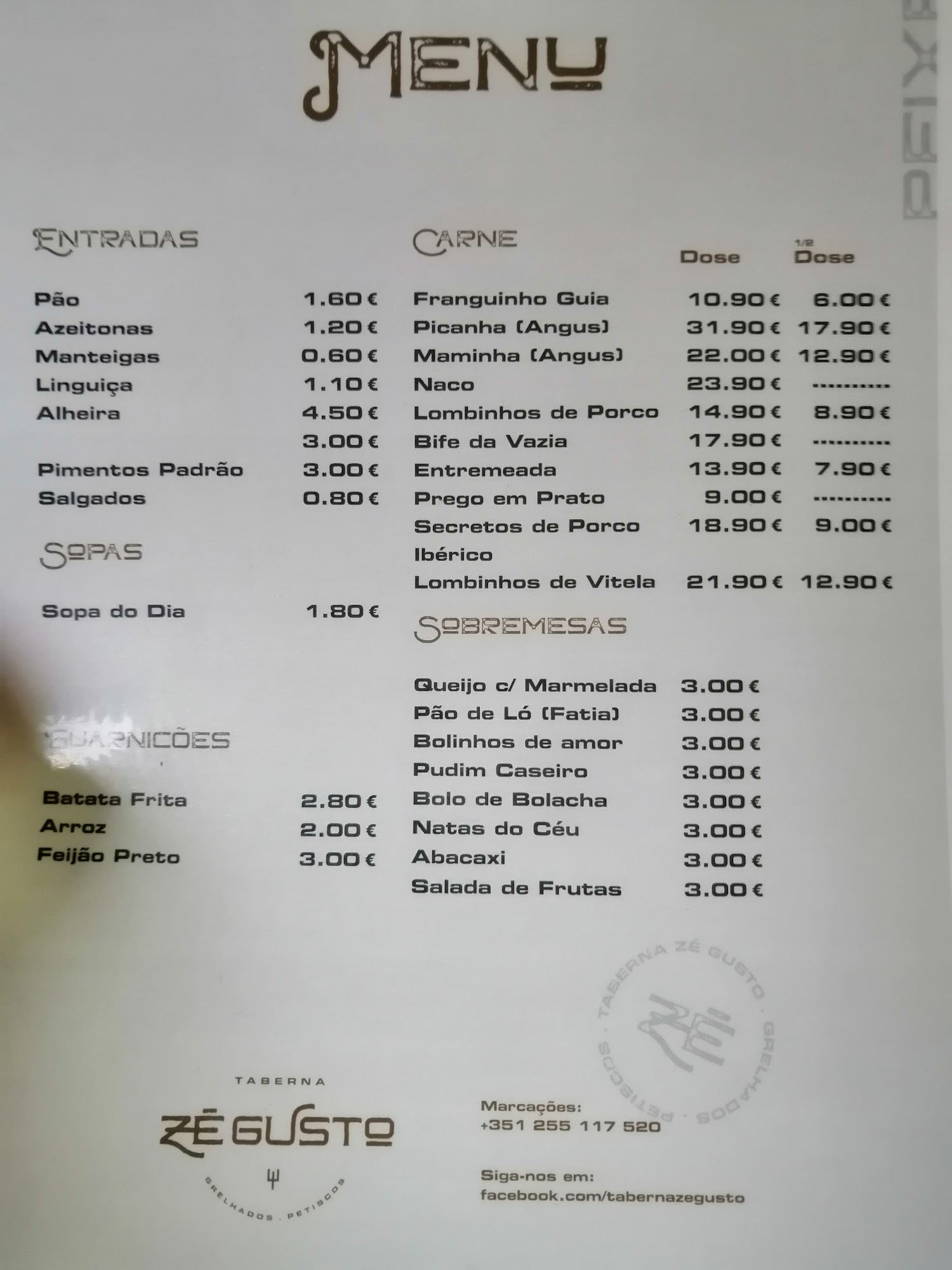 Taberna Zé Gusto Menu
